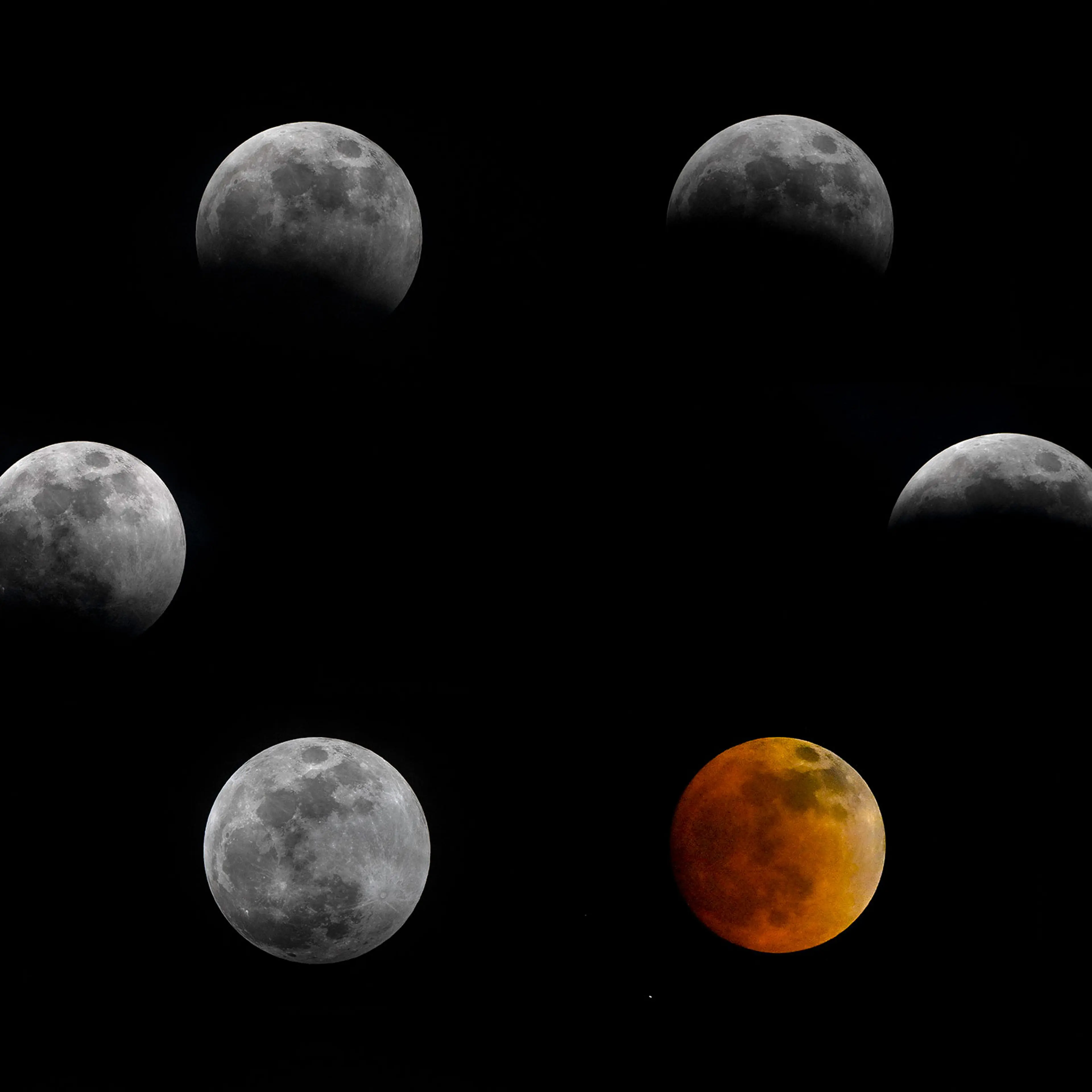 This combination of pictures created on March 14, 2025 shows the full moon, also known as the "Blood Moon," from the penumbra to the umbra, as seen from Villa de Leyva, Boyaca department, Colombia.
