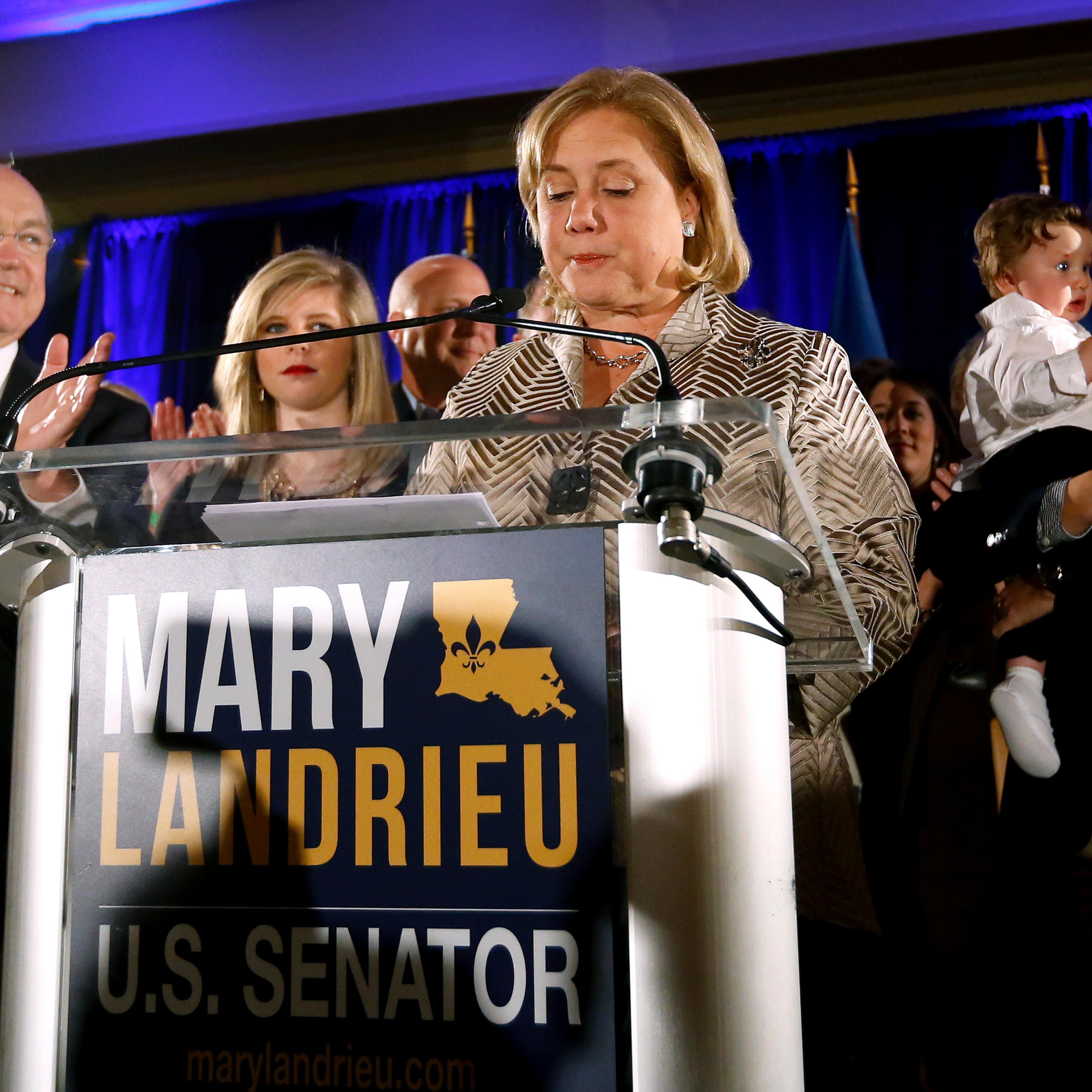 Democratic Senator Landrieu reacts while delivering a concession speech after the results of the U.S. Senate race in Louisiana during a runoff in New Orleans