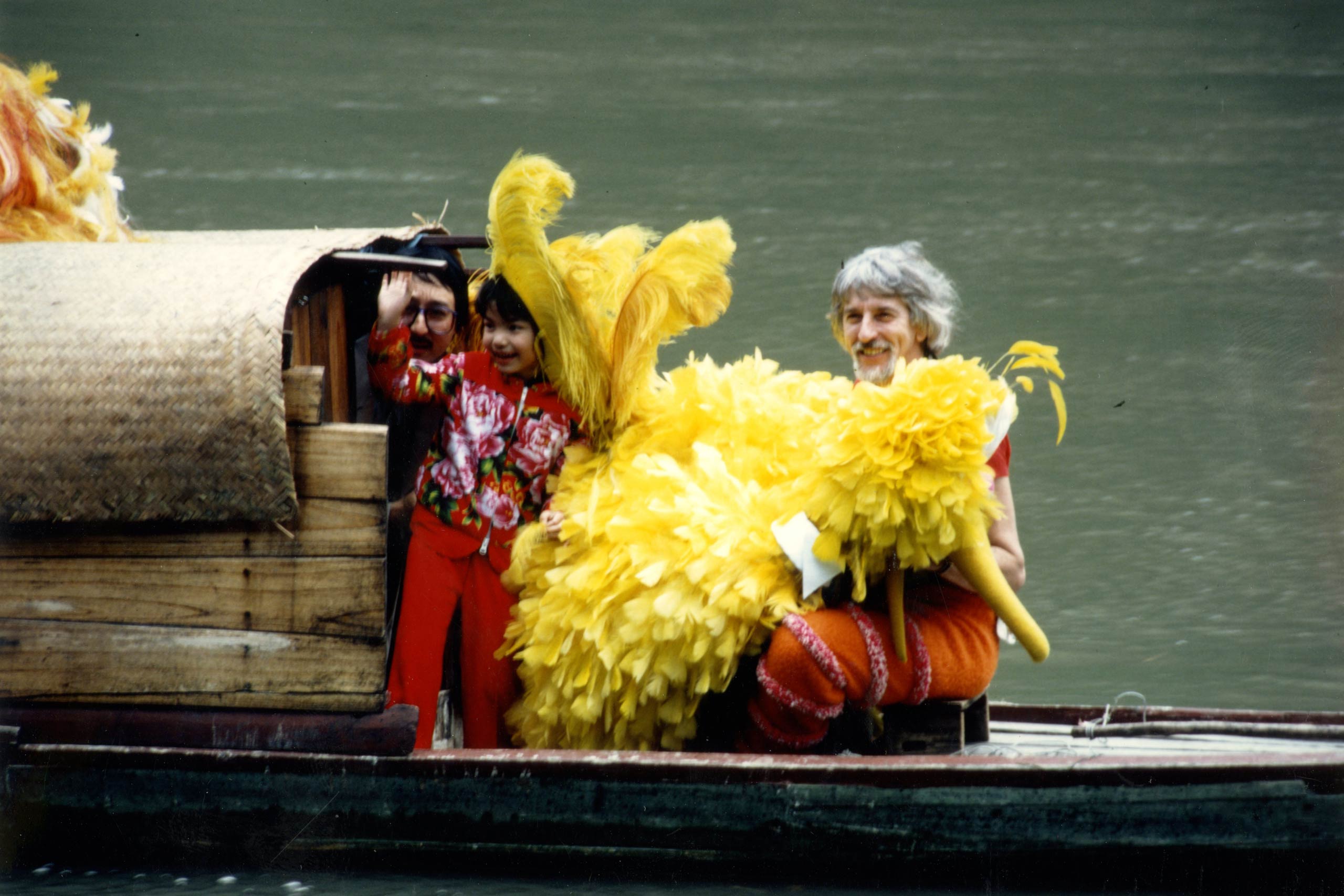 Caroll Spinney filming Big Bird in China with Lisa Ouyang.