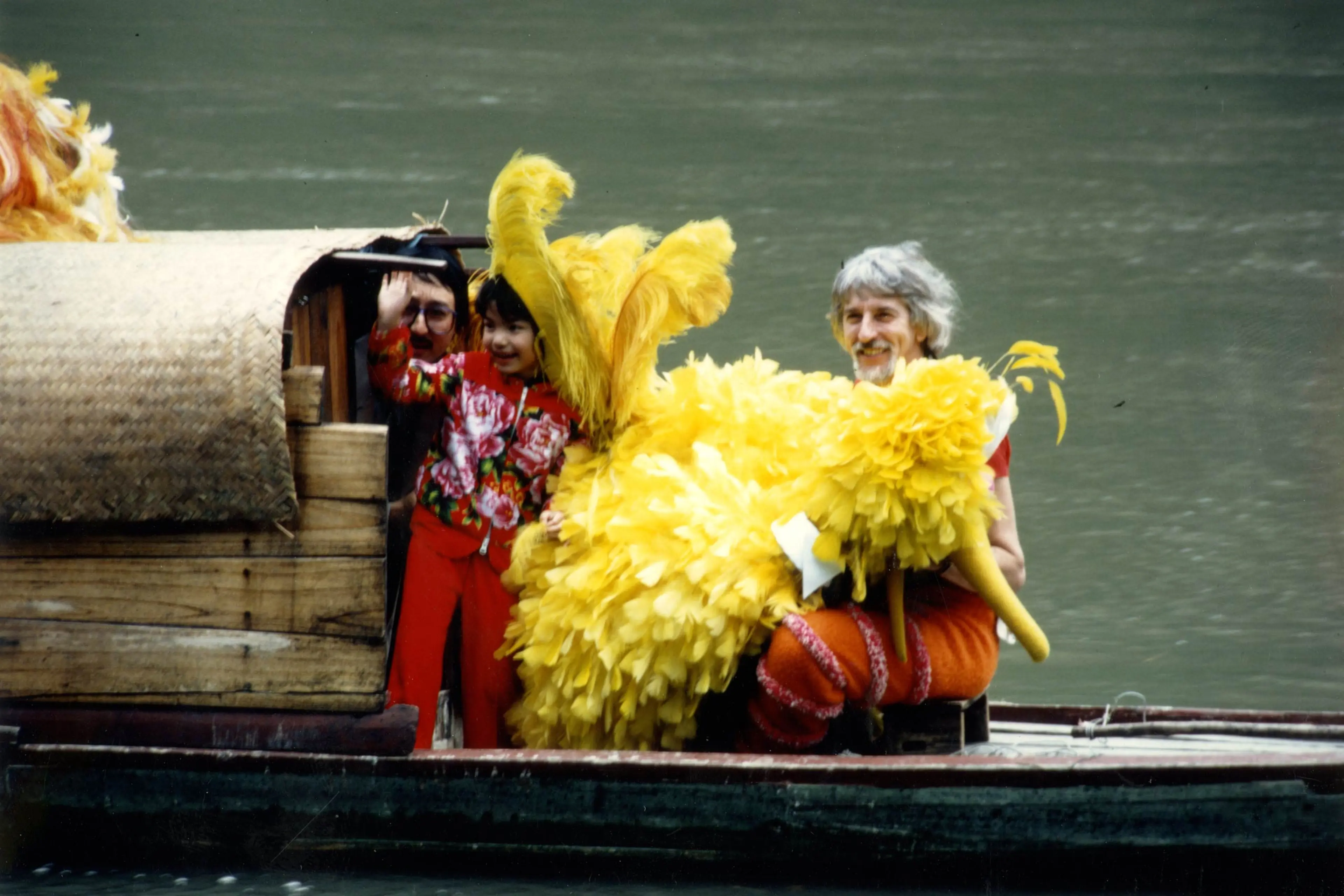 Caroll Spinney filming Big Bird in China with Lisa Ouyang.