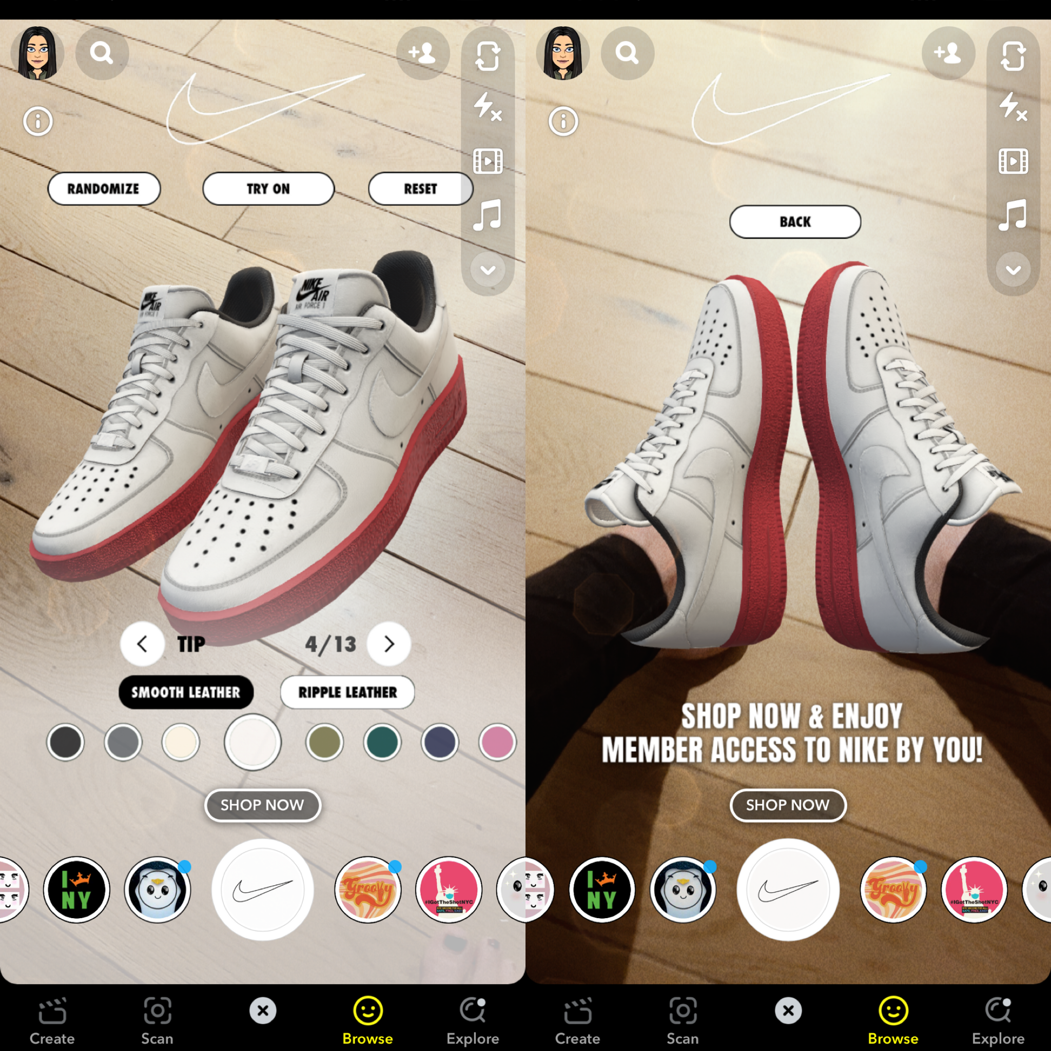 Screenshots of Nike's AR shopping lens on Snapchat
