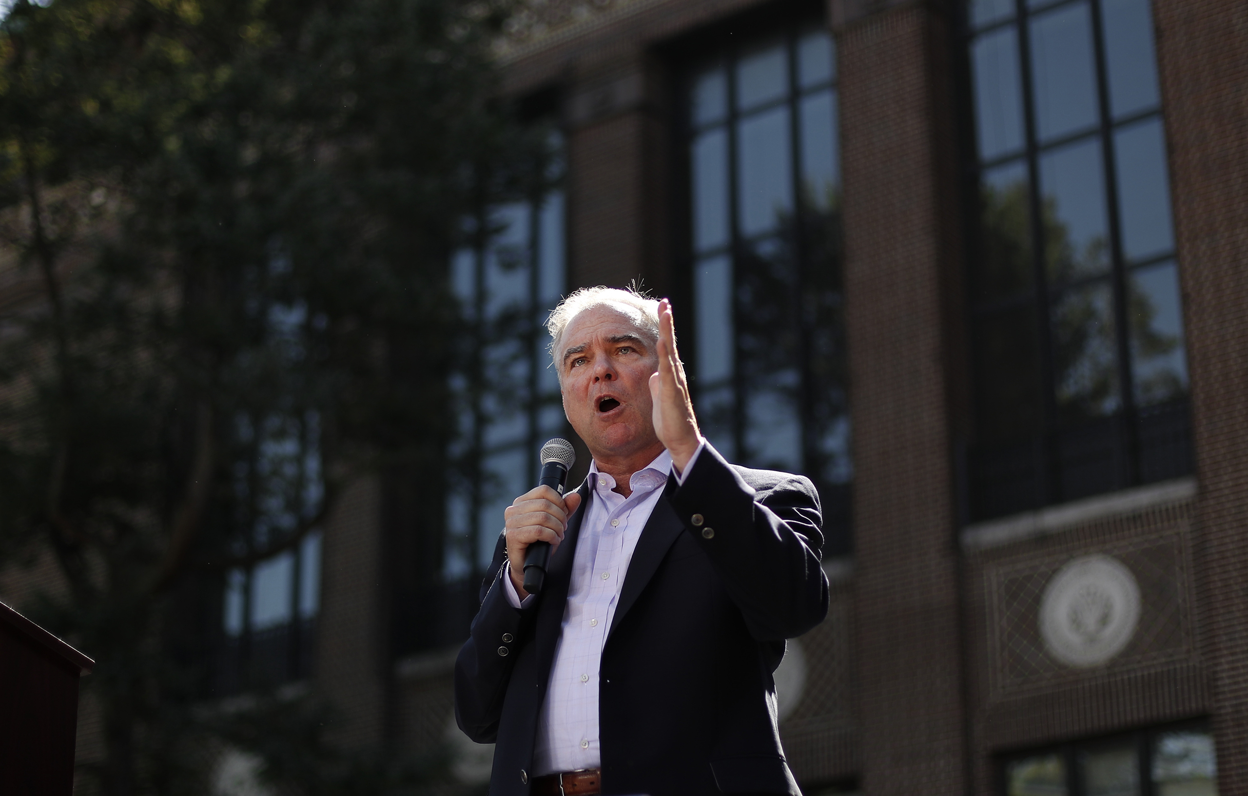 Tim Kaine speaks during a campaign rally at the University of Michigan in Ann Arbor, Michigan, Sept. 13, 2016.