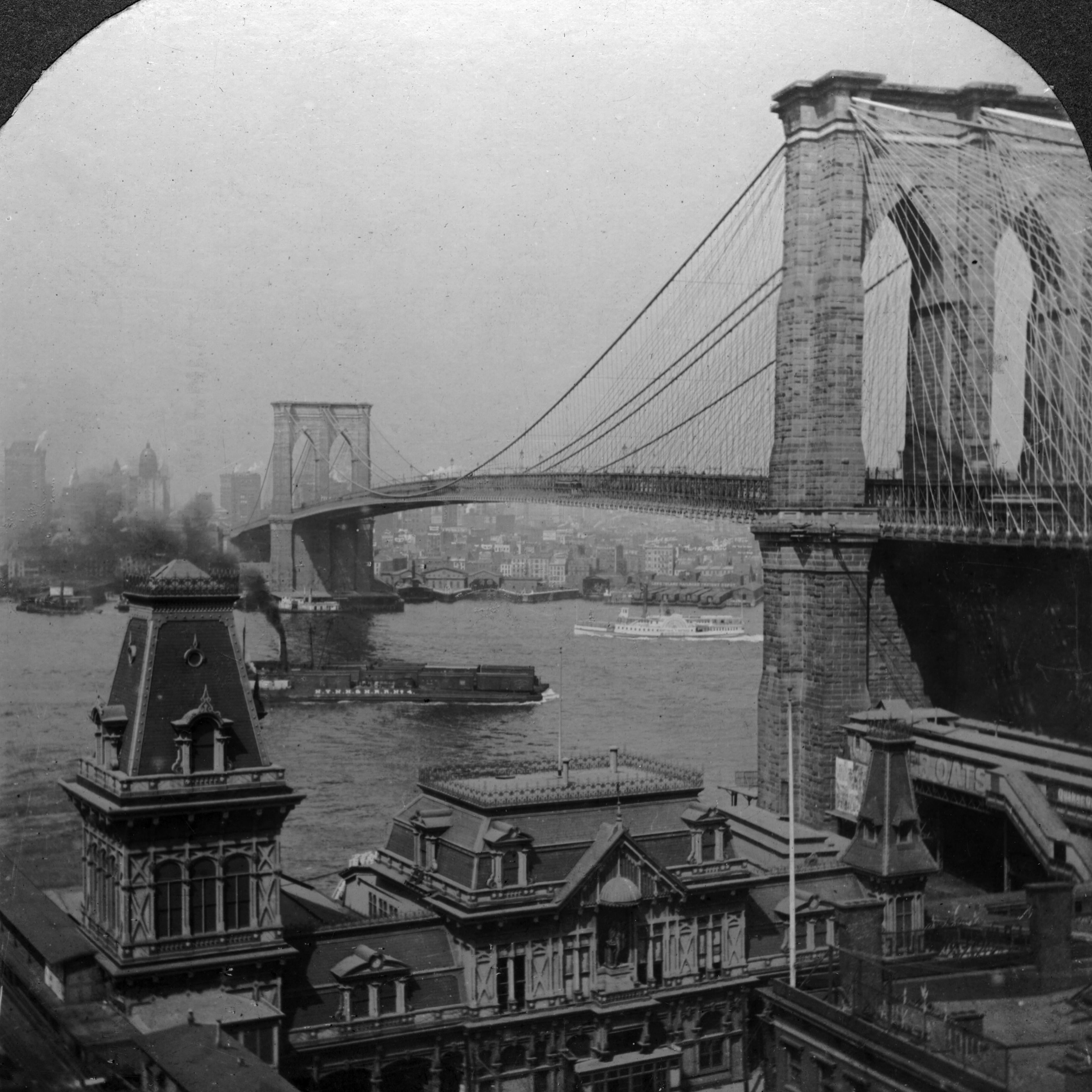 Brooklyn Bridge, New York, USA.Artist: Excelsior Stereoscopic Tours