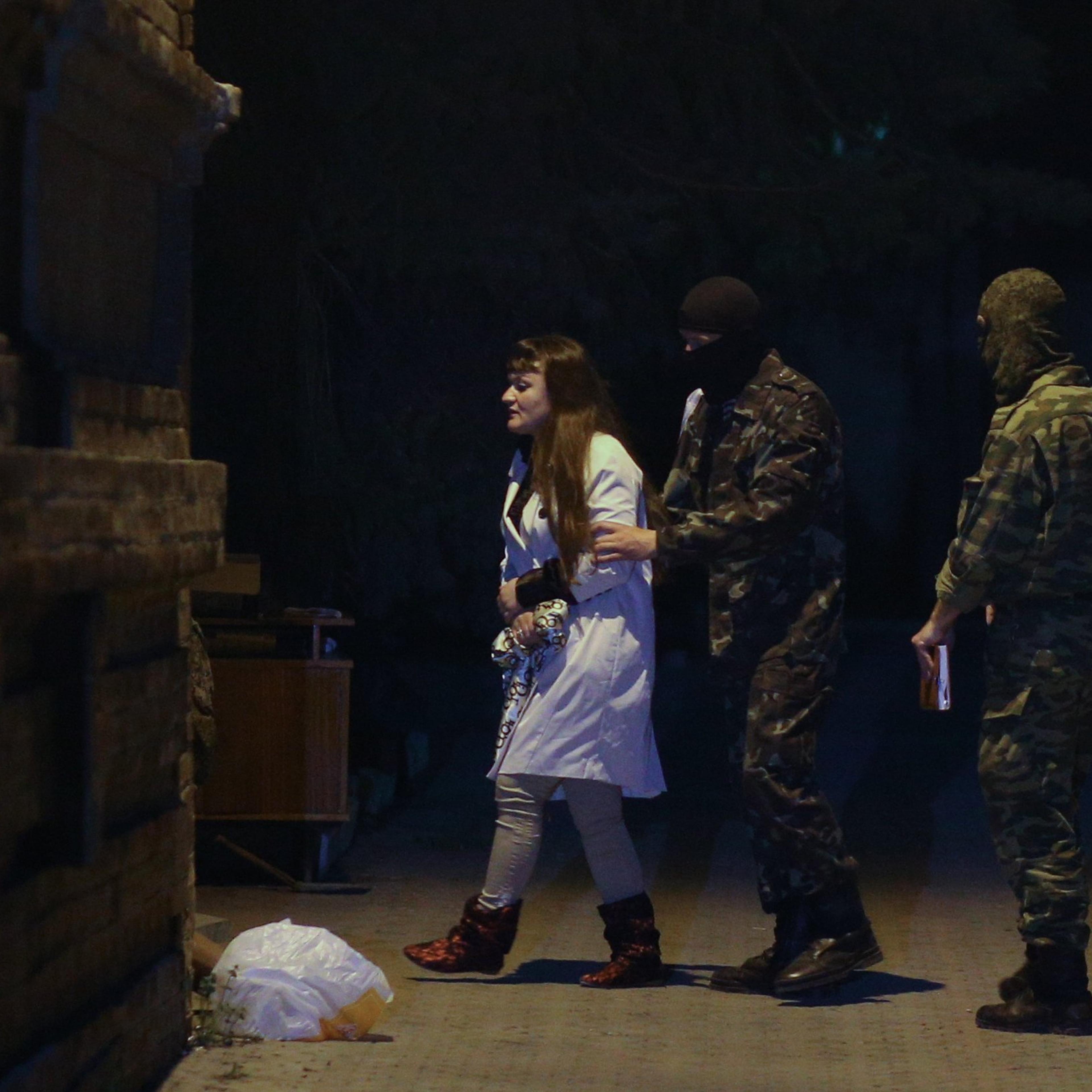 Maidan activist Irma Krat is detained in the town of Slavyansk, eastern Ukraine on April 21, 2014.