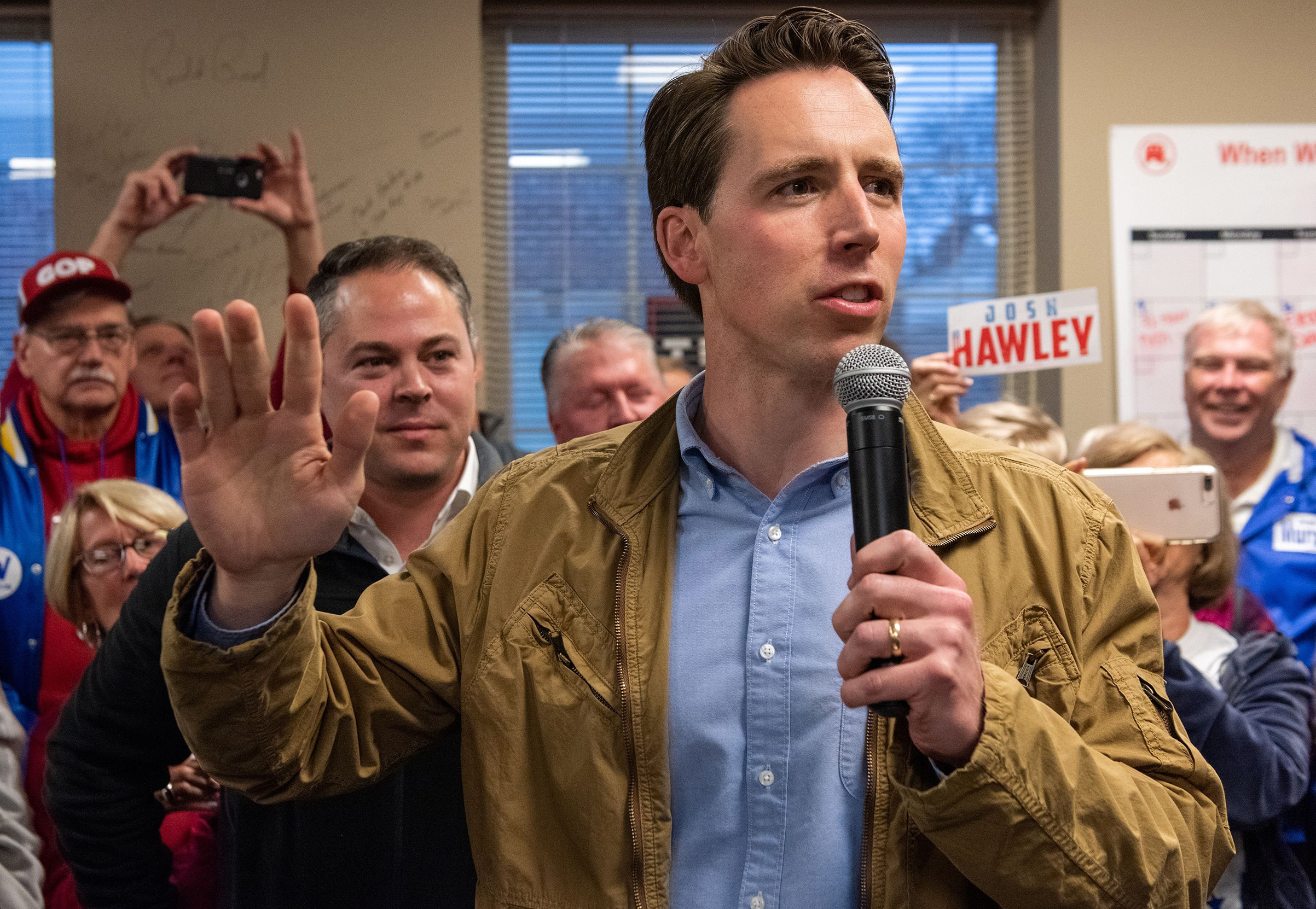 Missouri Attorney General Josh Hawley campaigns for the US Senate in suburban Saint Louis on Nov. 5, 2018.