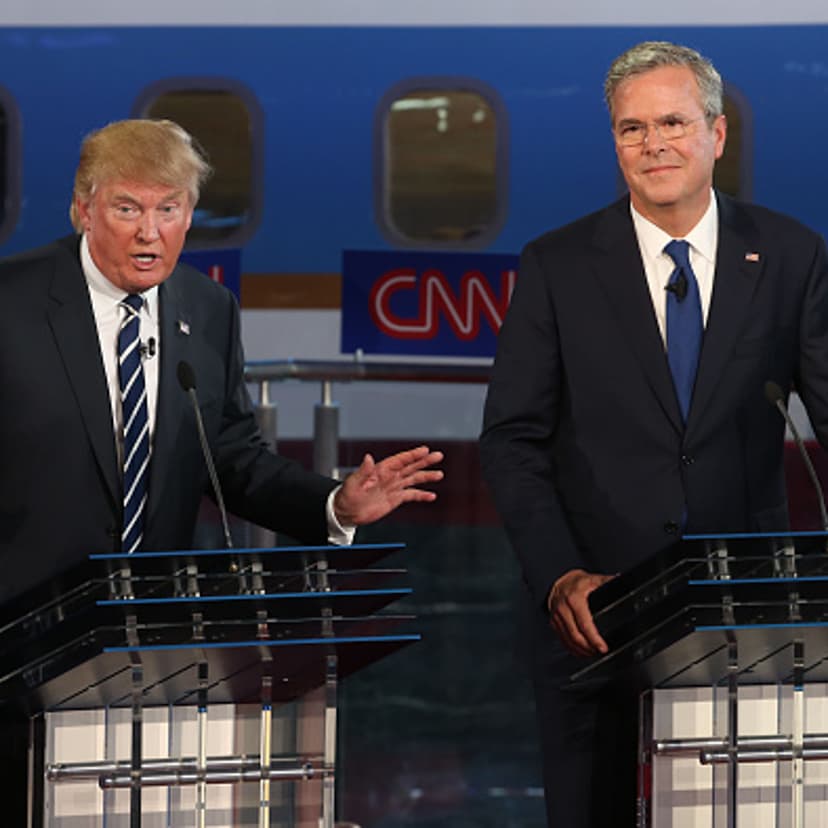 Republican presidential candidates Donald Trump and Jeb Bush take part in the presidential debates at the Reagan Library on September 16, 2015 in Simi Valley, California.