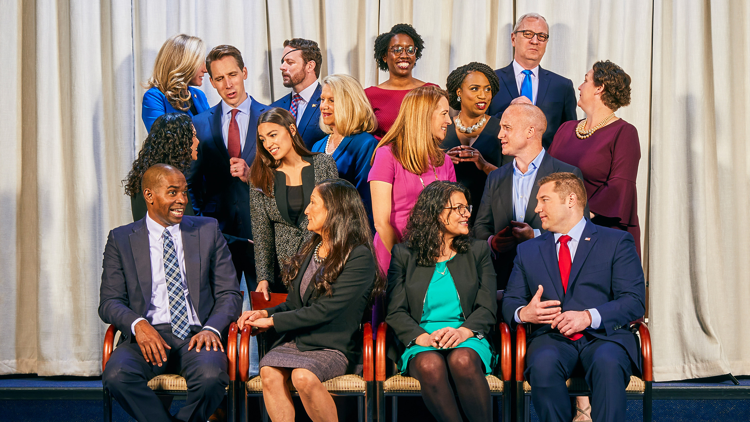 Congressmen and women gather at the United States Capitol in Washington D.C., Jan. 2. Front row, from left to right: Rep. Antonio Delgado (D–NY), Rep. Deb Haaland (D–NM), Rep. Rashida Tlaib (D–MI), Rep. Guy Reschenthaler (R–PA); Second row, from left to 