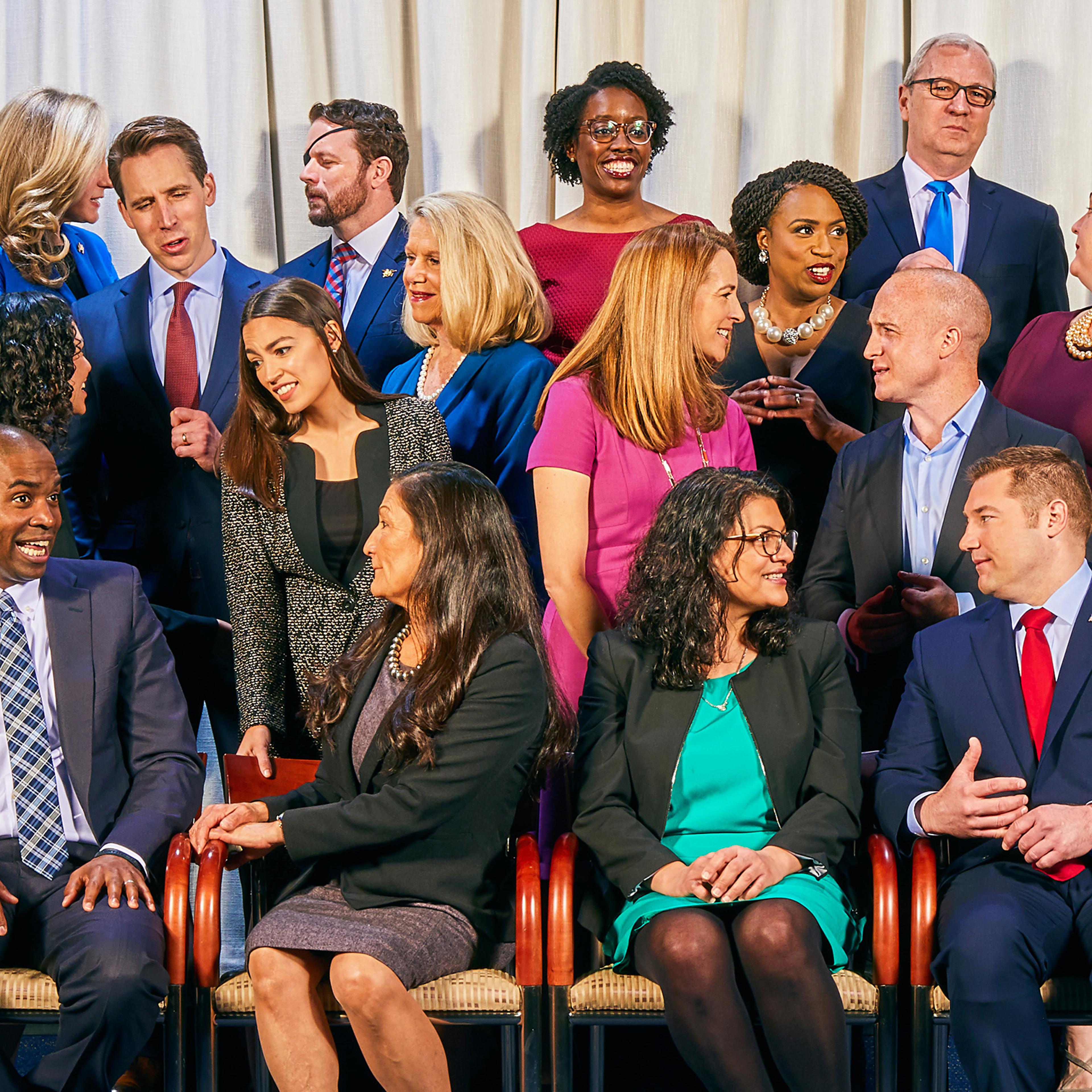 Congressmen and women gather at the United States Capitol in Washington D.C., Jan. 2. Front row, from left to right: Rep. Antonio Delgado (D–NY), Rep. Deb Haaland (D–NM), Rep. Rashida Tlaib (D–MI), Rep. Guy Reschenthaler (R–PA); Second row, from left to