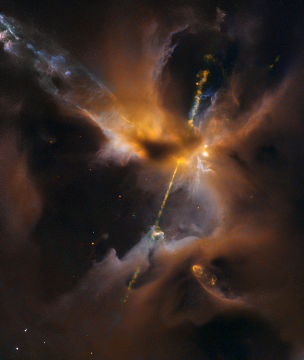 NASA's Hubble Space Telescope has photographed what looks like a cosmic, double-bladed lightsaber. This celestial lightsaber is located inside our home galaxy, the Milky Way. It's inside a turbulent birthing ground for new stars known as the Orion B mole