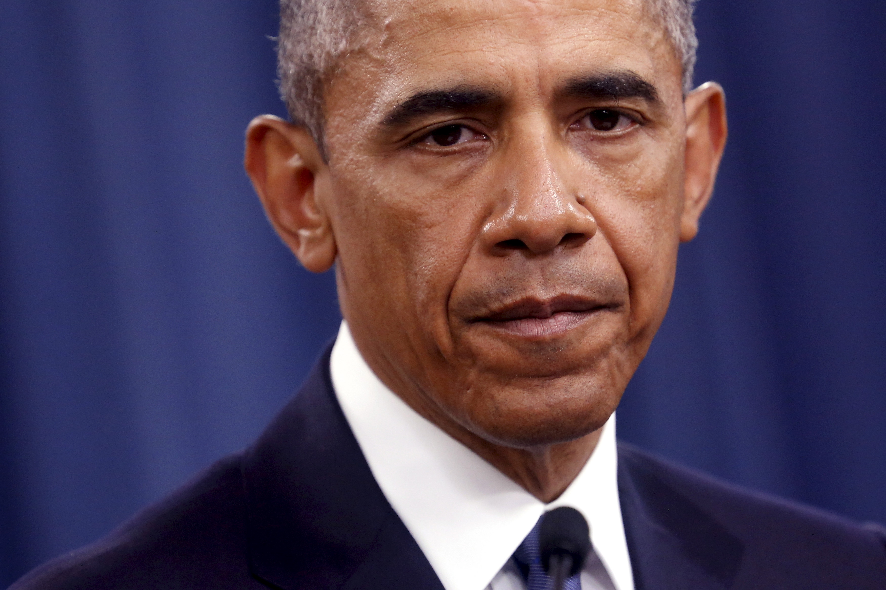 Obama pauses as he delivers remarks after a briefing on U.S. efforts against the Islamic State (ISIS), at the Pentagon in Arlington, Virginia