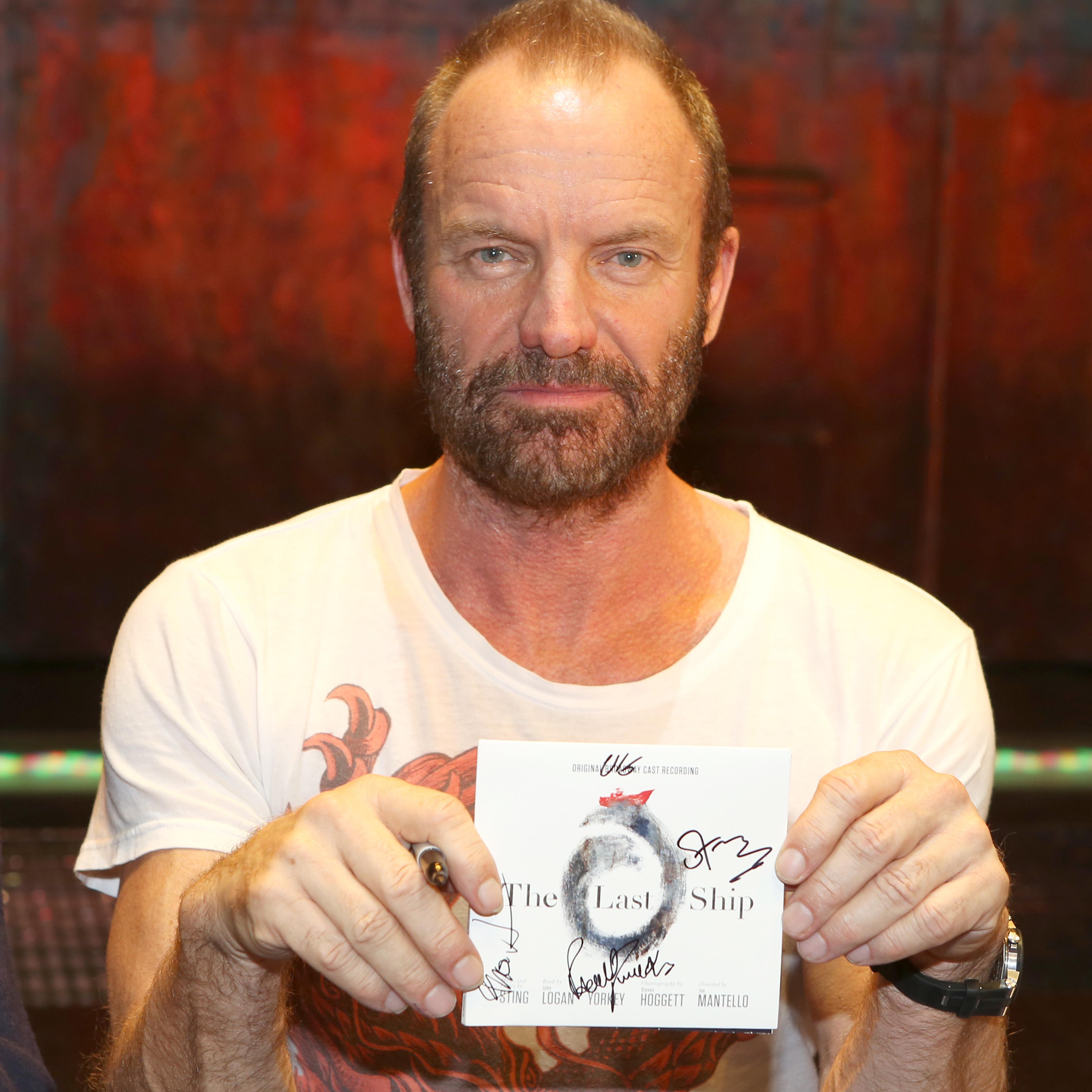 Sting and the cast of 'The Last Ship' host a CD autograph signing for the Original Broadway Cast Recording of 'The Last Ship' on stage on Dec. 21, 2014 in New York City.