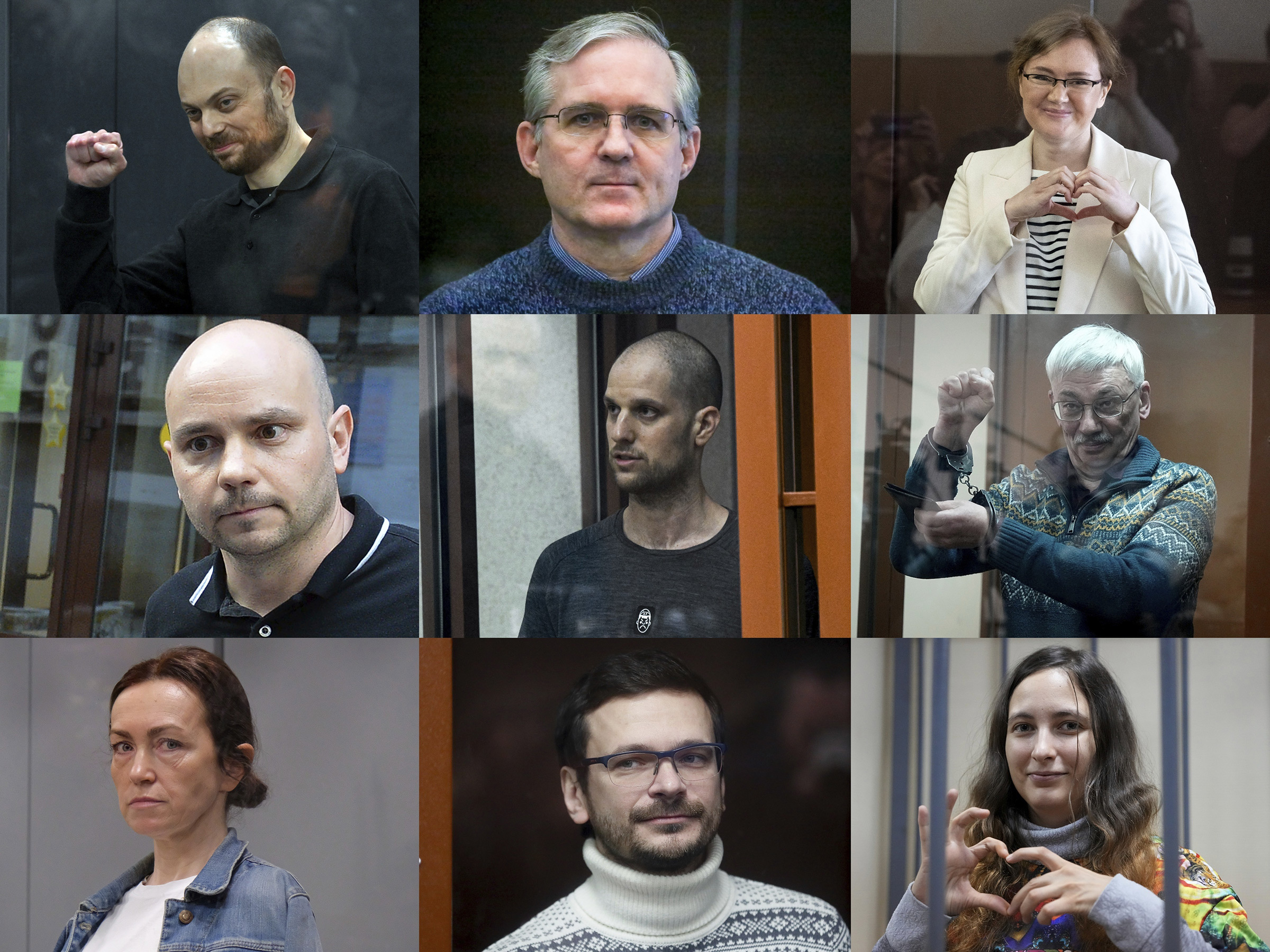 This photo combination shows, center, Wall Street Journal reporter Evan Gershkovich, and clockwise from top-left Russian opposition activist Vladimir Kara-Murza, corporate security executive and former U.S. Marine Paul Whelan, Lilia Chanysheva, former co