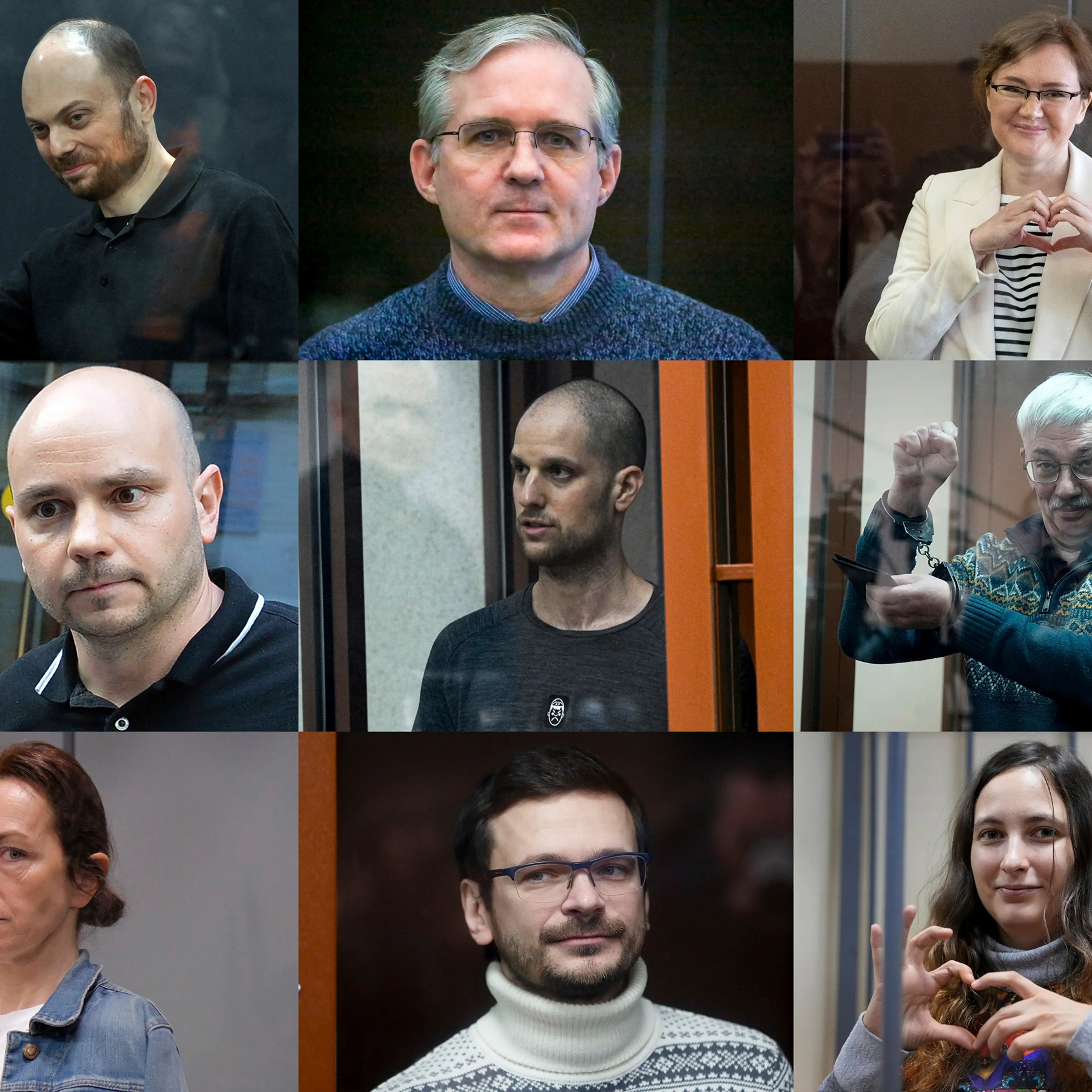 This photo combination shows, center, Wall Street Journal reporter Evan Gershkovich, and clockwise from top-left Russian opposition activist Vladimir Kara-Murza, corporate security executive and former U.S. Marine Paul Whelan, Lilia Chanysheva, former co