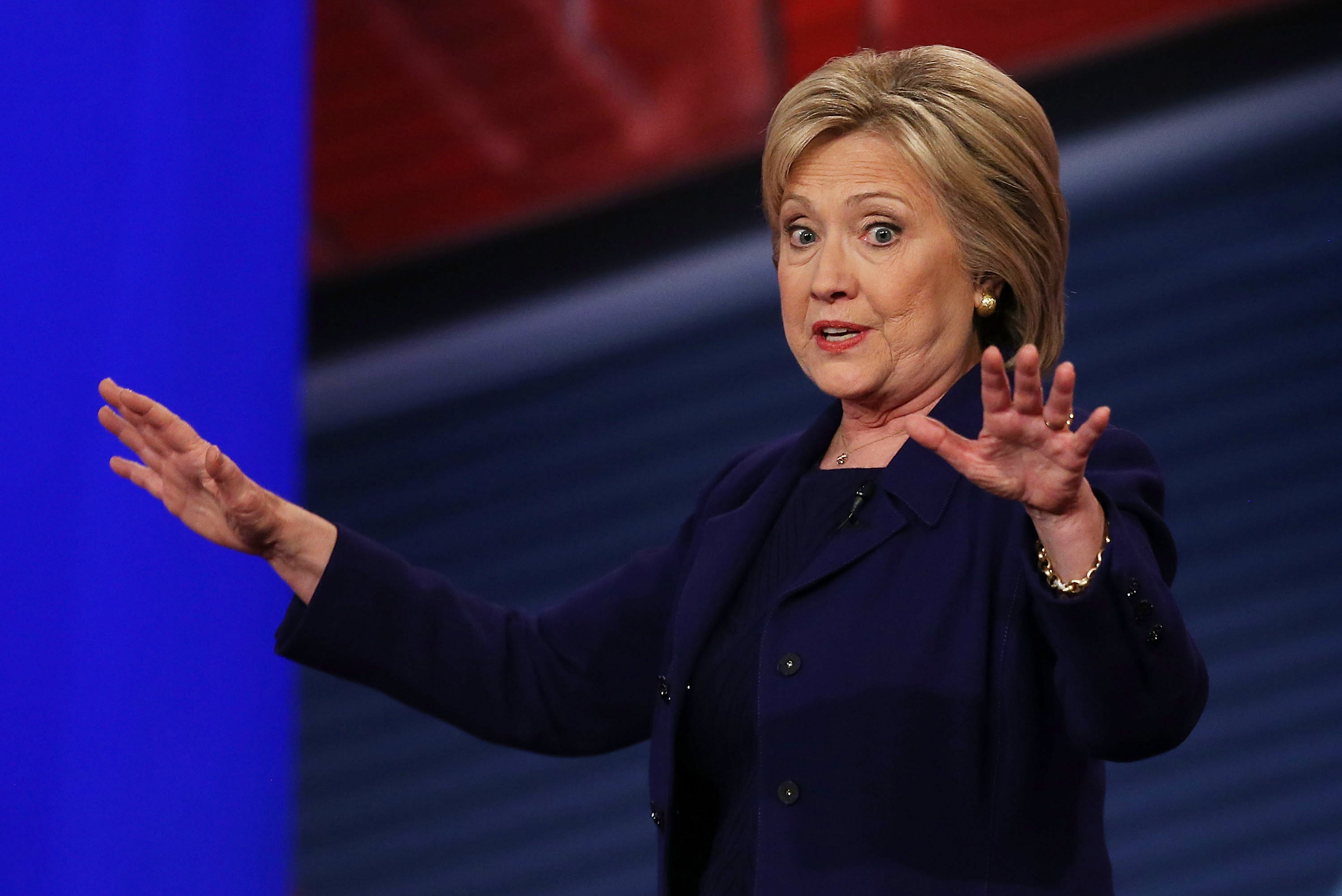 Democratic Presidential candidates Hillary Clinton speaks during a CNN and the New Hampshire Democratic Party hosted Democratic Presidential Town Hall at the Derry Opera House on February 3, 2016 in Derry, New Hampshire.