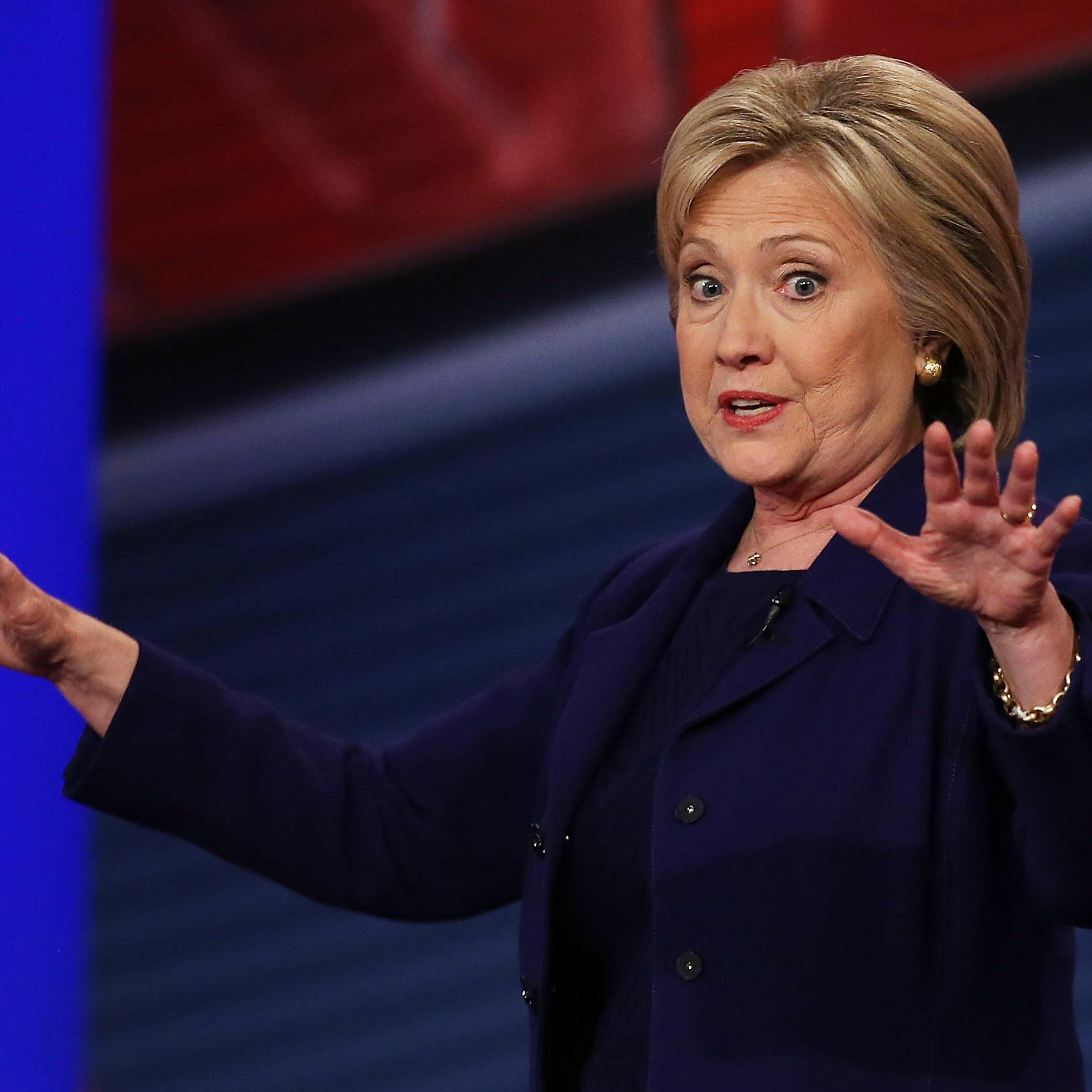 Democratic Presidential candidates Hillary Clinton speaks during a CNN and the New Hampshire Democratic Party hosted Democratic Presidential Town Hall at the Derry Opera House on February 3, 2016 in Derry, New Hampshire.
