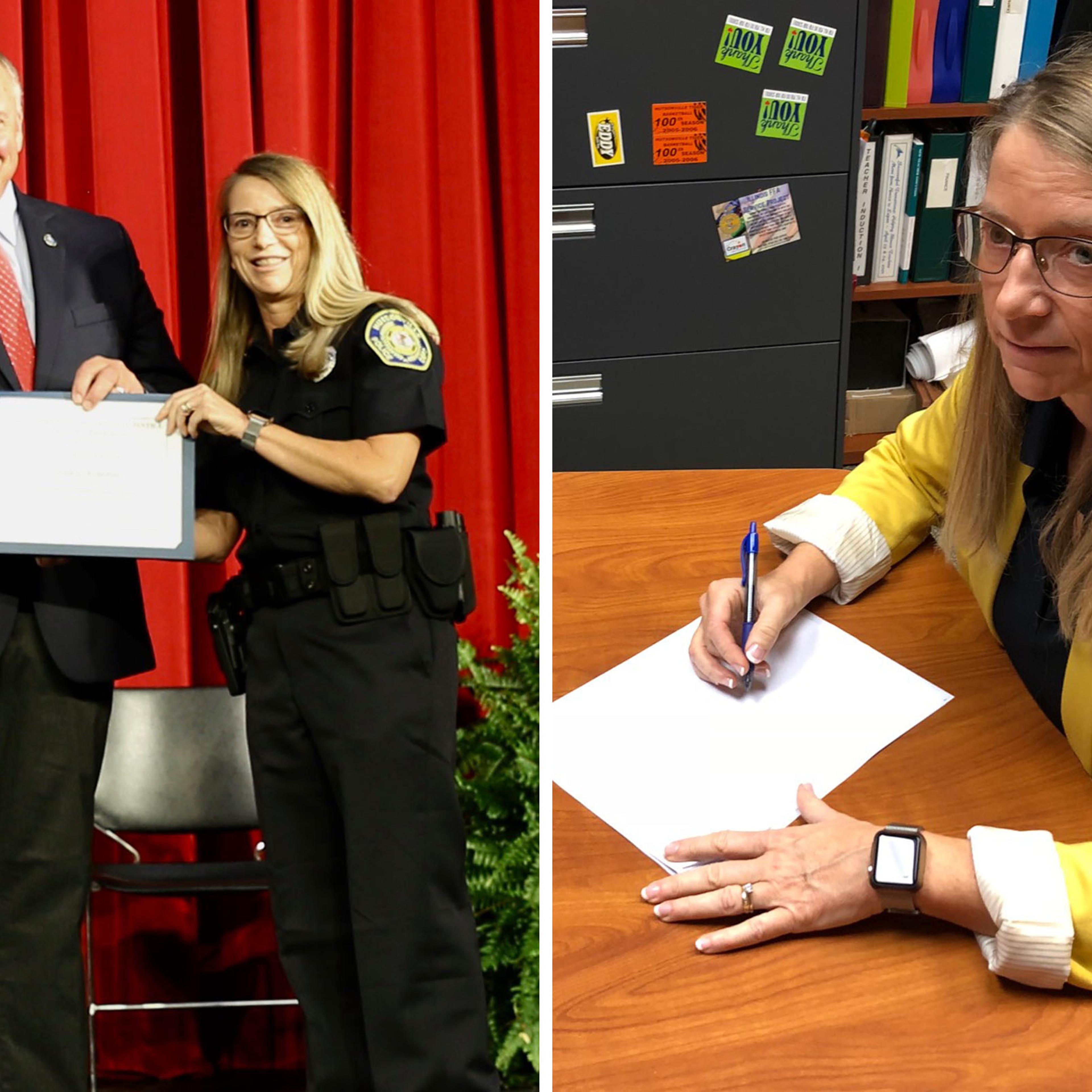 Superintendent Julie Kraemer is pictured at left with Chuck Doan, director of the Southern Illinois Criminal Justice Training Program, and at right in her school district.