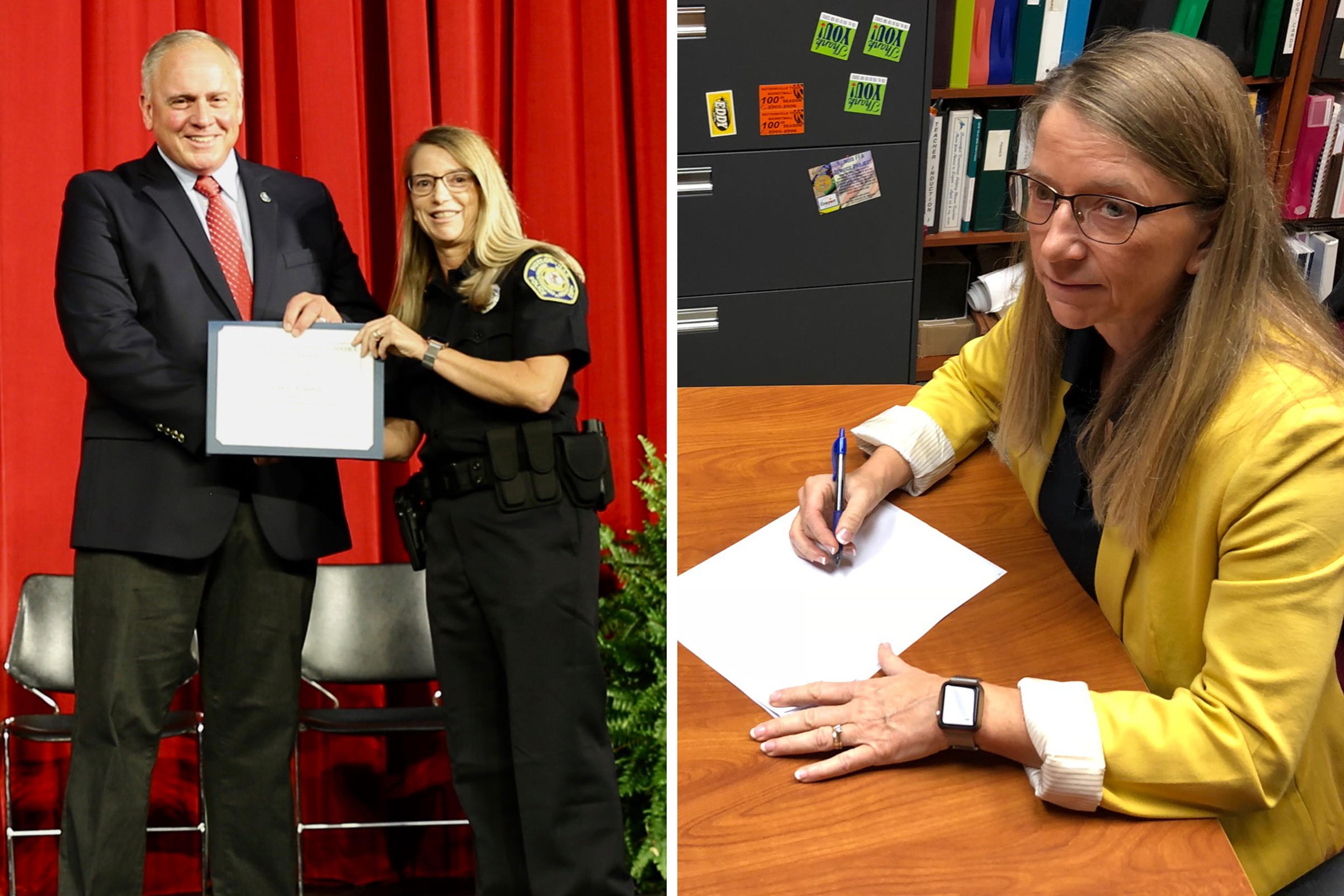 Superintendent Julie Kraemer is pictured at left with Chuck Doan, director of the Southern Illinois Criminal Justice Training Program, and at right in her school district.