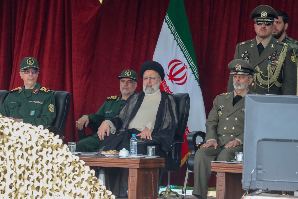 Iran's President Ebrahim Raisi attends a military parade alongside high-ranking officials and commanders in Tehran, Iran, on April 17, 2024.