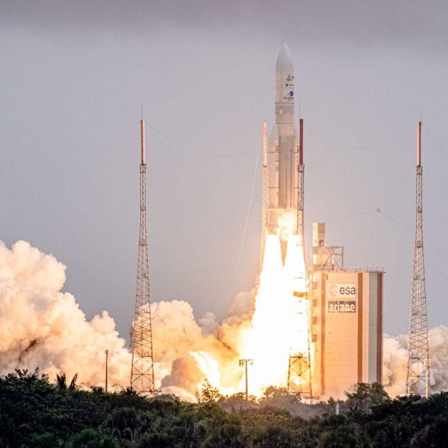 Arianespace's Ariane 5 rocket with NASAs James Webb Space Telescope onboard lifts up from the launchpad, at the Europes Spaceport, the Guiana Space Center in Kourou, French Guiana, on December 25, 2021.