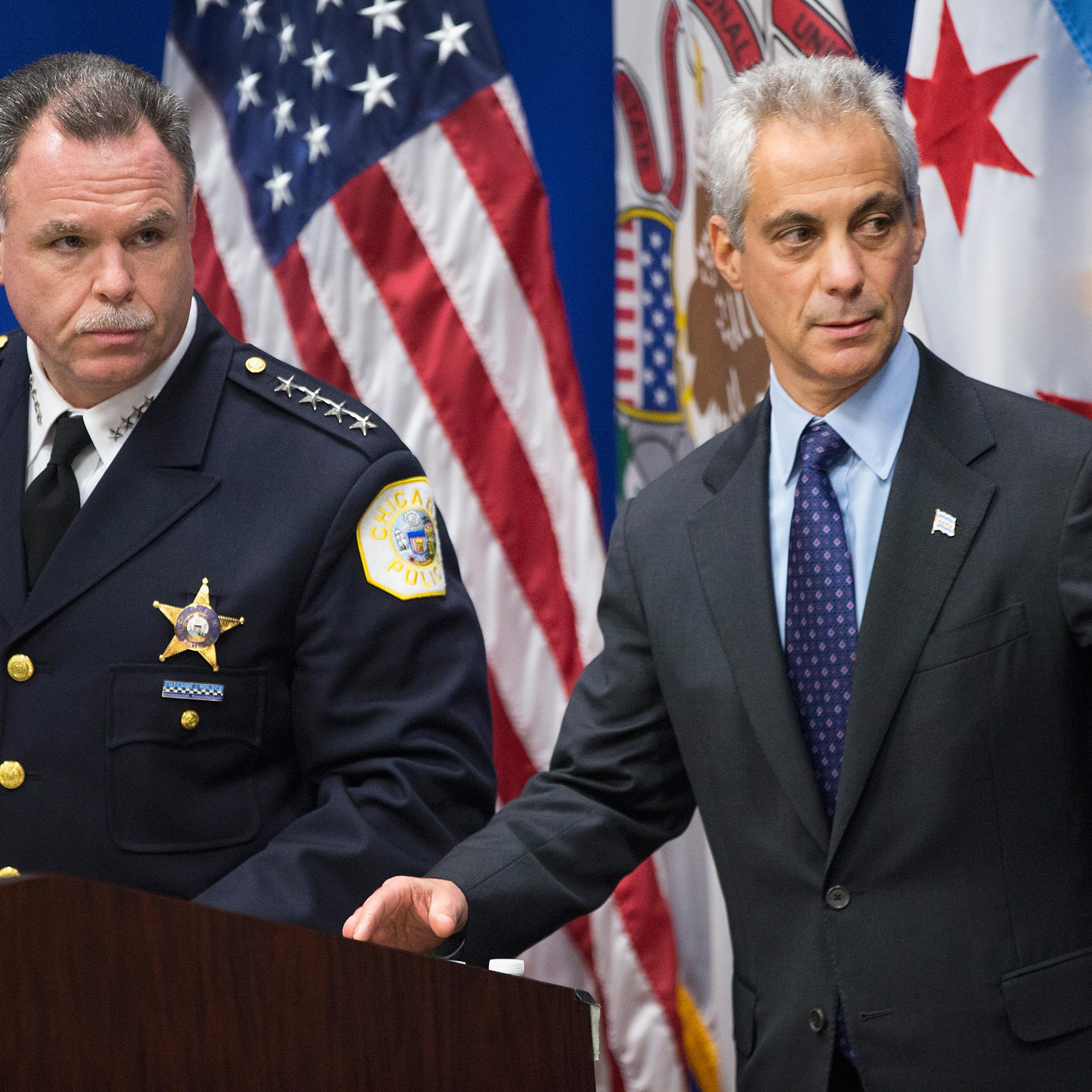 Chicago Police Superintendent Garry McCarthy (L) and Mayor Rahm Emanuel arrive for a press conference to address the arrest of Chicago Police officer Jason Van Dyke in Chicago on Nov. 24, 2015.