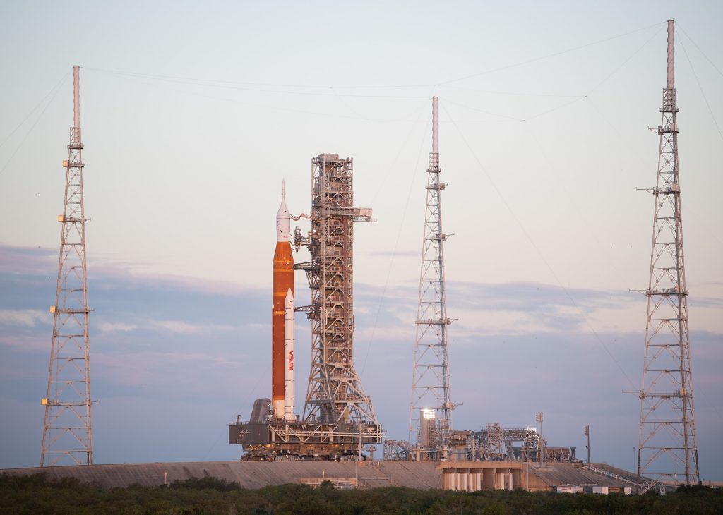 The Space Launch System (SLS) on launch pad 39B, where it arrived on the morning of Nov. 4