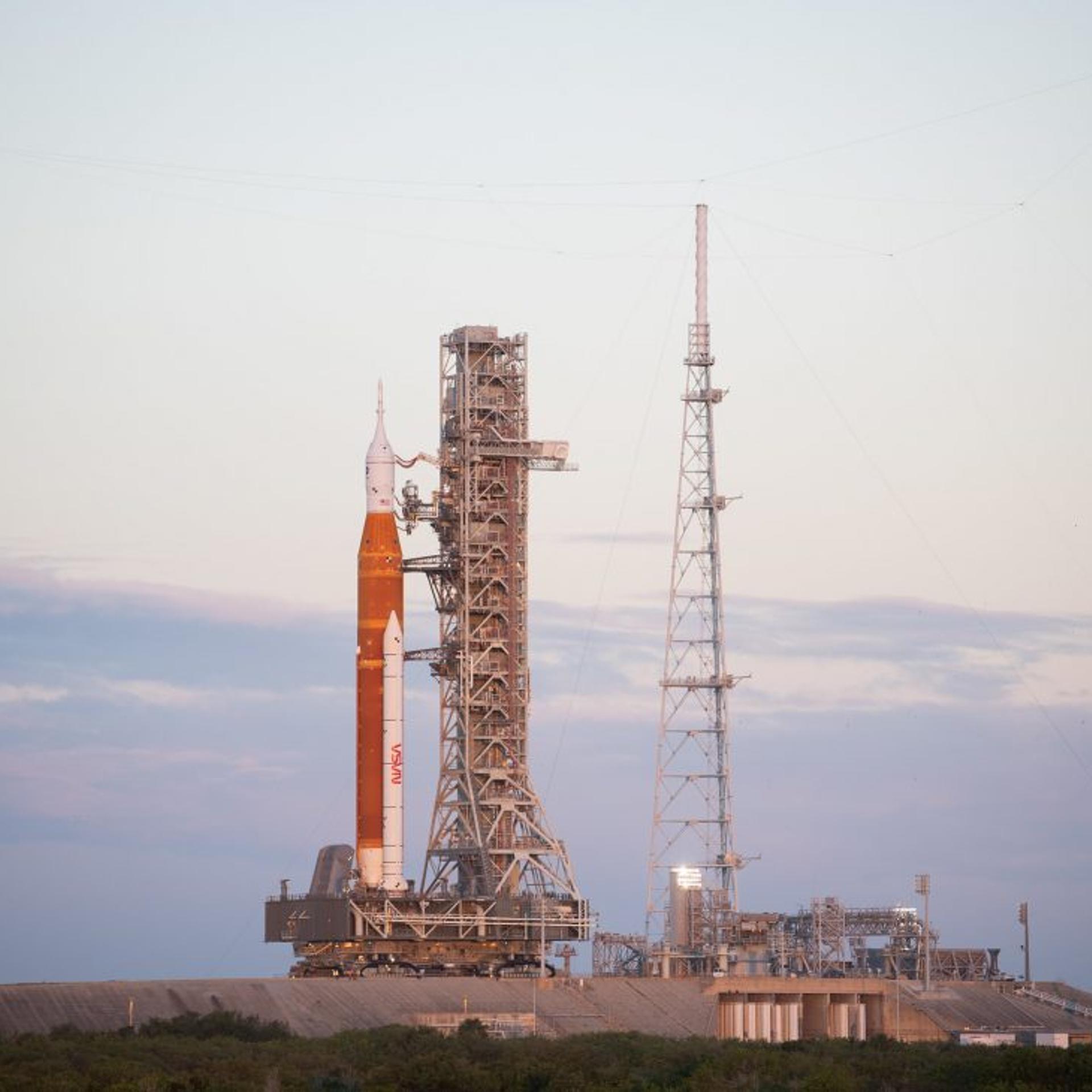 The Space Launch System (SLS) on launch pad 39B, where it arrived on the morning of Nov. 4