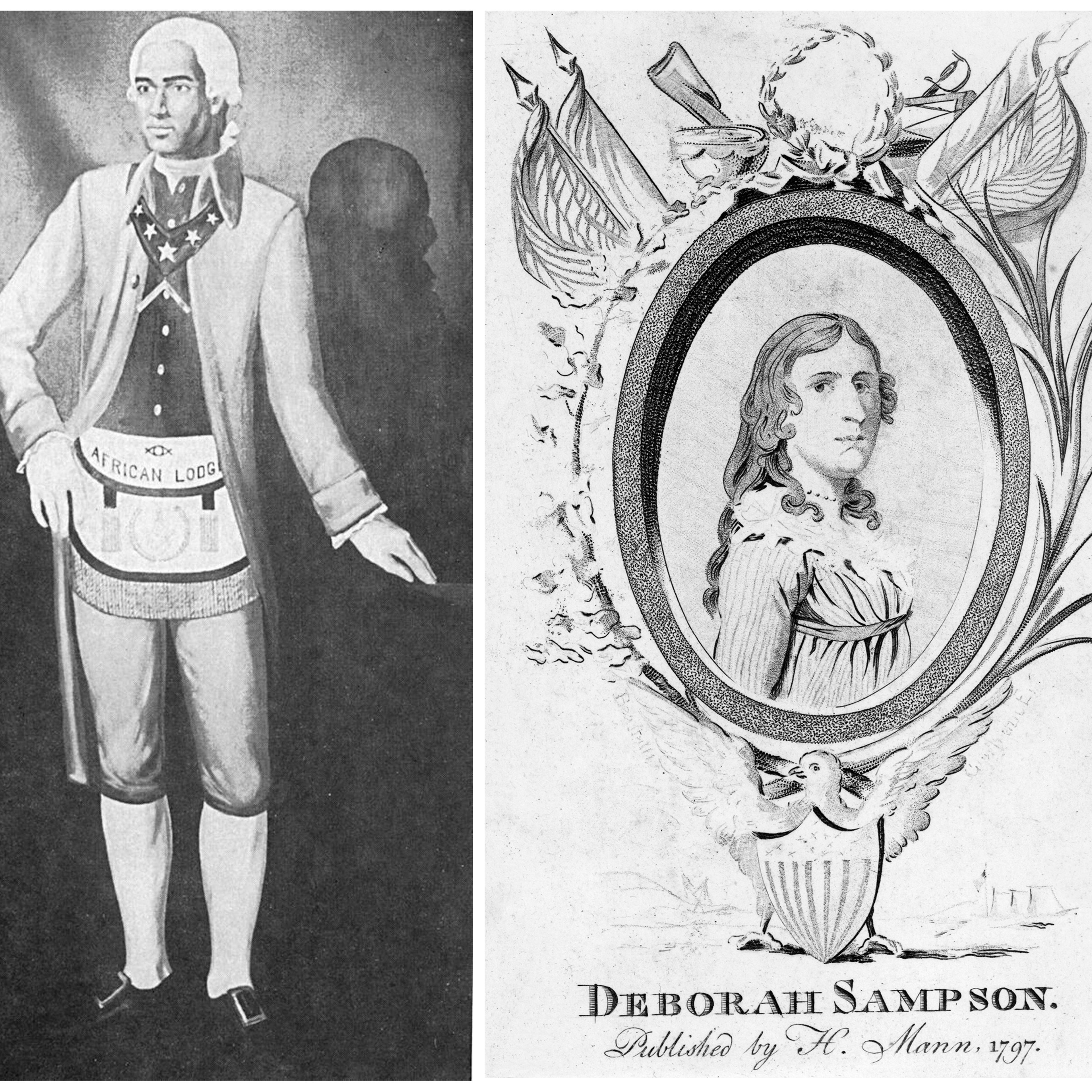 From left: A portrait of Prince Hall; an illustration of Deborah Sampson circa 1797
