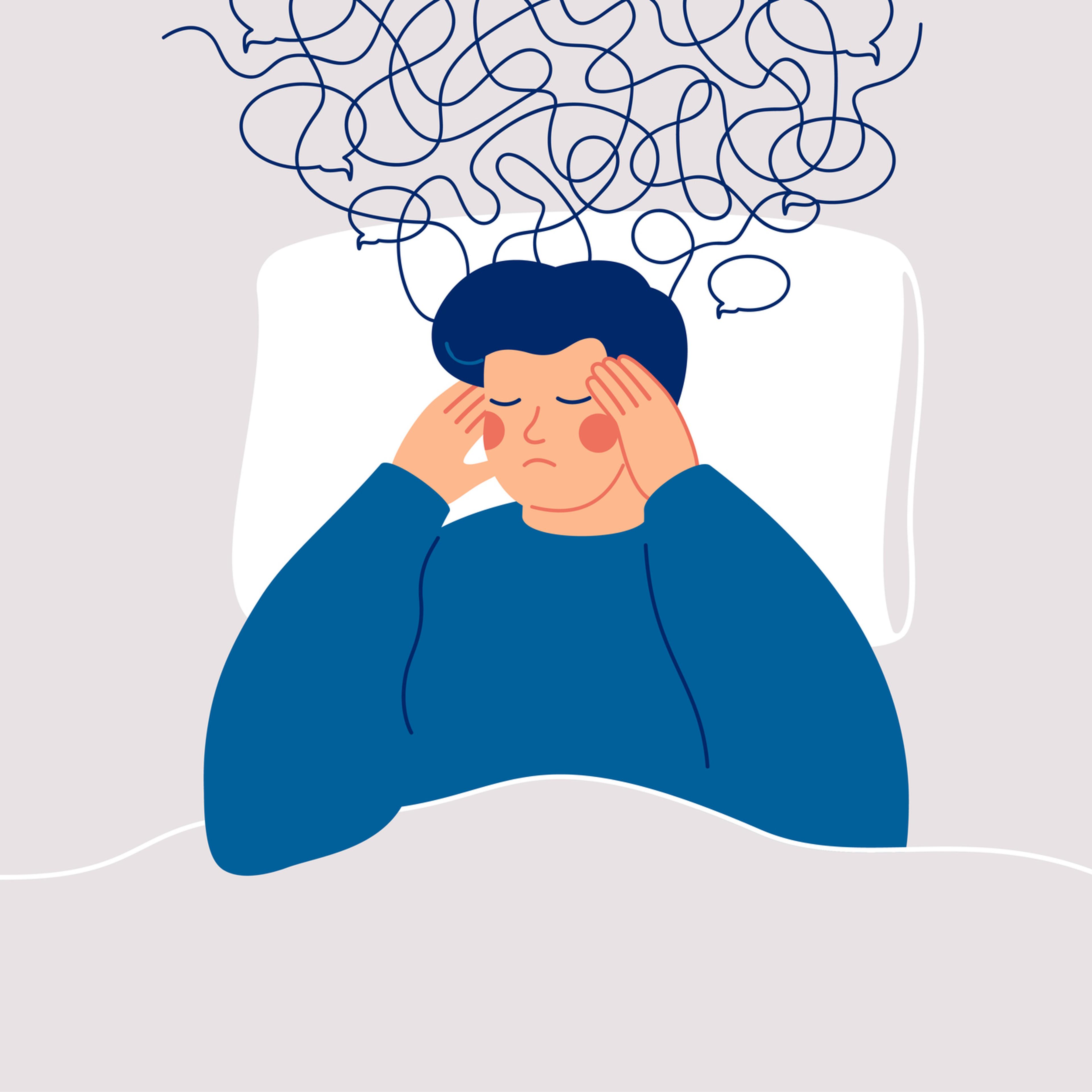 Sad man experiences anxious intrusive thoughts in bedtime and can't sleep. loud of thoughts hung over the man lying in bed.
