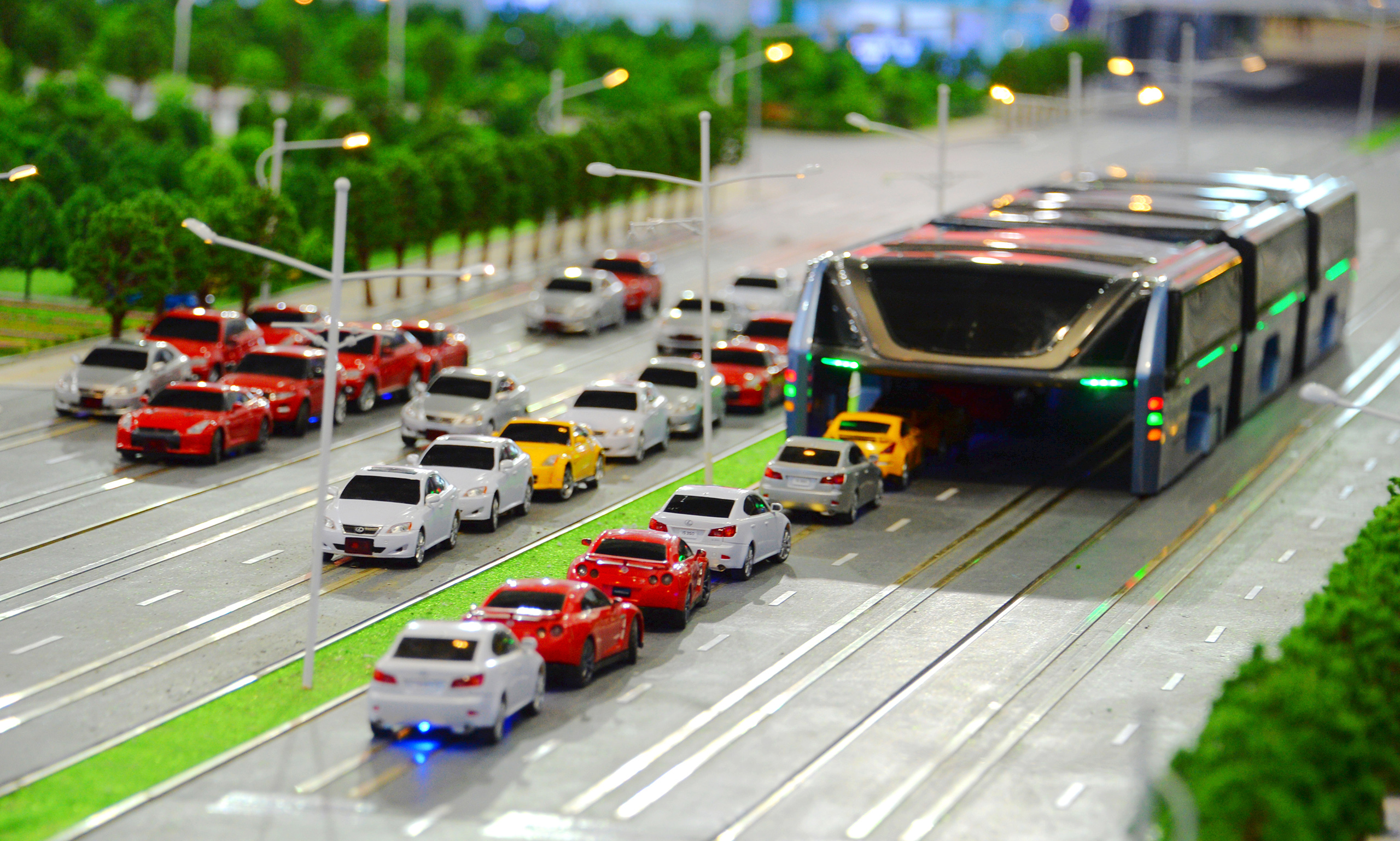 A model of the 'Transit Elevated Bus' is on display during the 19th China Beijing International High-tech Expo (CHITEC) in Beijing, China, May 19, 2016.