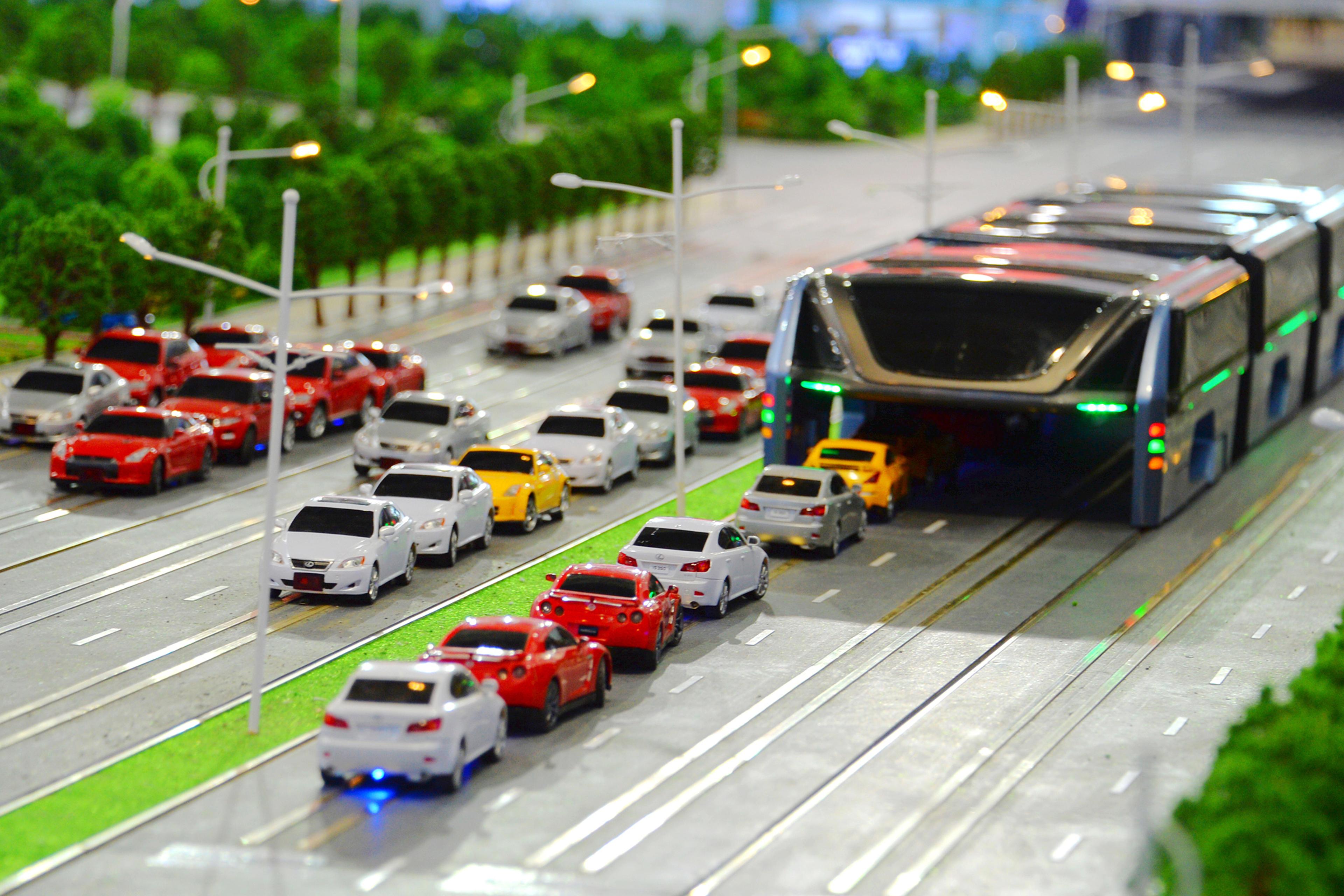 A model of the 'Transit Elevated Bus' is on display during the 19th China Beijing International High-tech Expo (CHITEC) in Beijing, China, May 19, 2016.