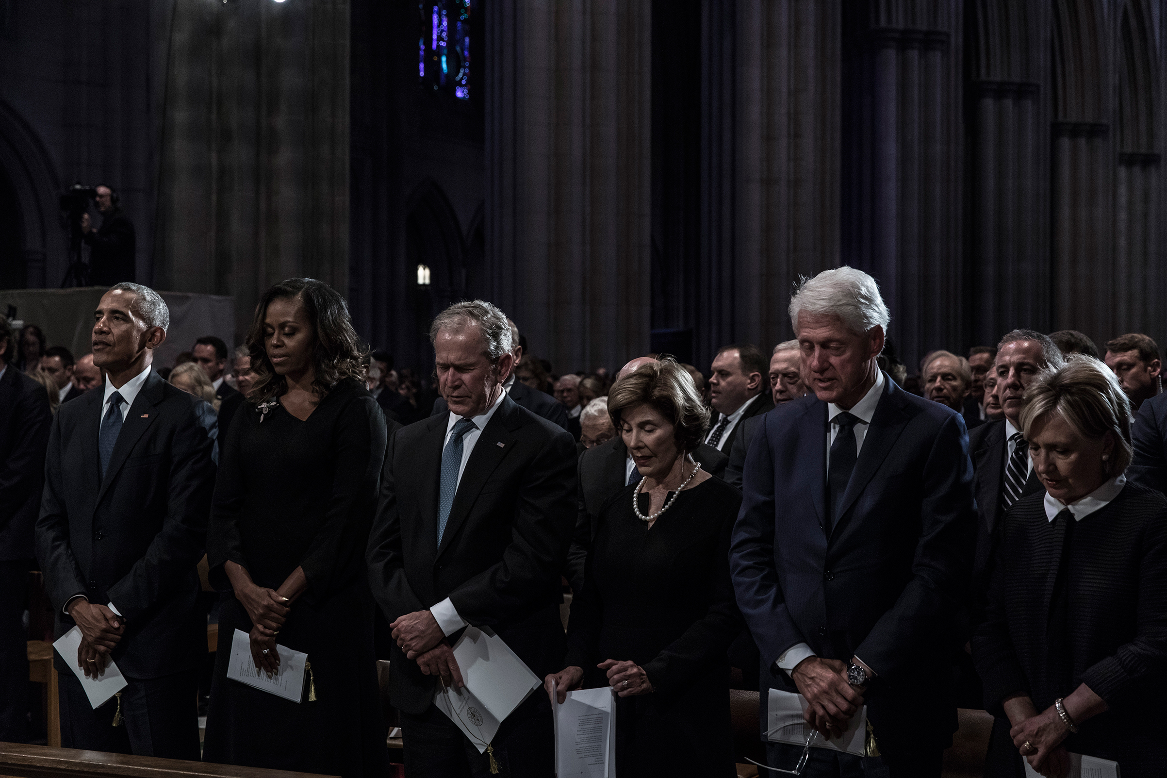 Former US President Barack Obama, Michelle Obama, former President George W. Bush, Laura Bush, former President Bill Clinton and and Hillary Clinton during a memorial service for Senator John McCain at the Washington National Cathedral on September 1, 2018. 