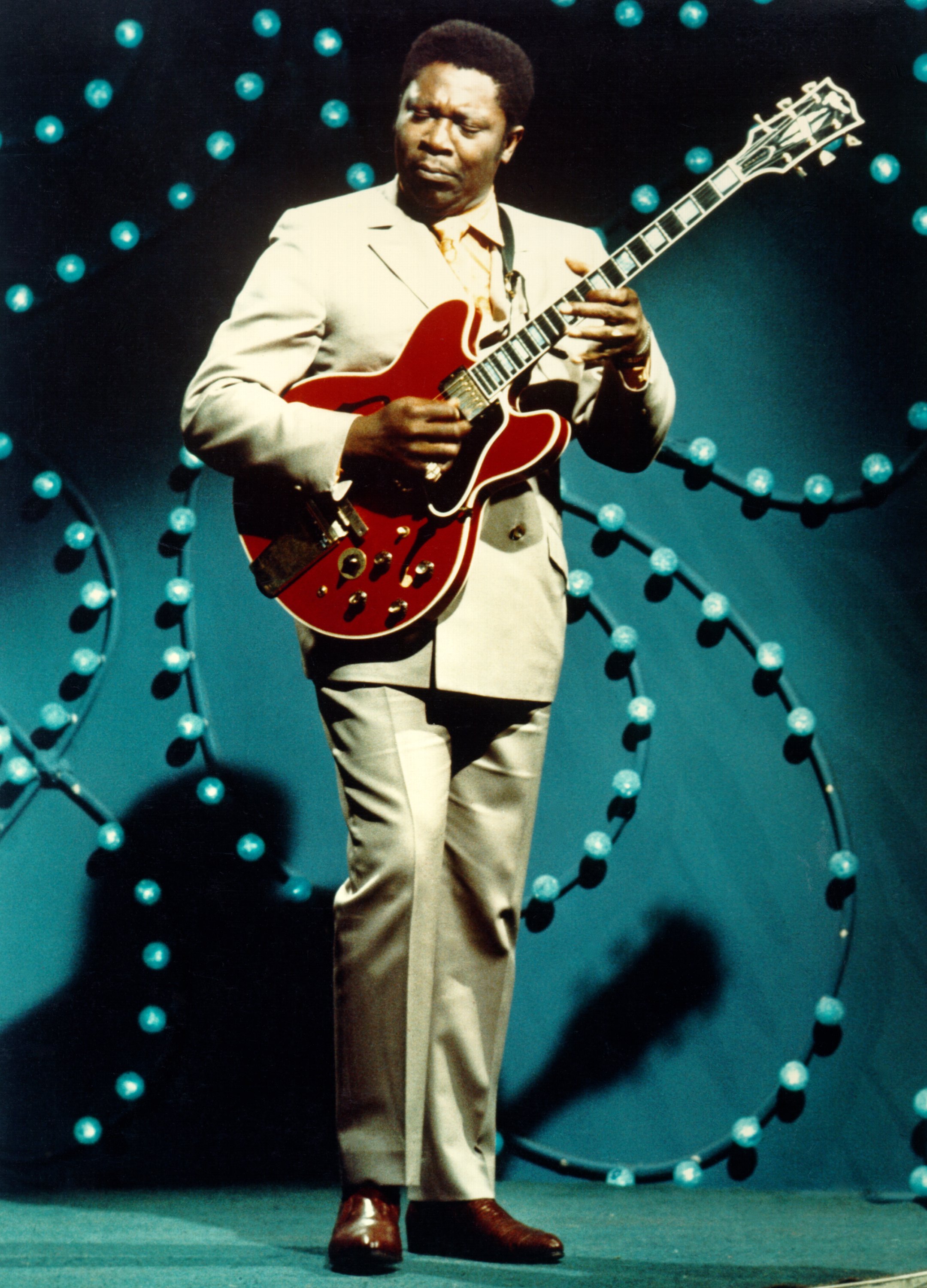 Blues man BB King performs on a TV show in Los Angeles in the early 1970's.