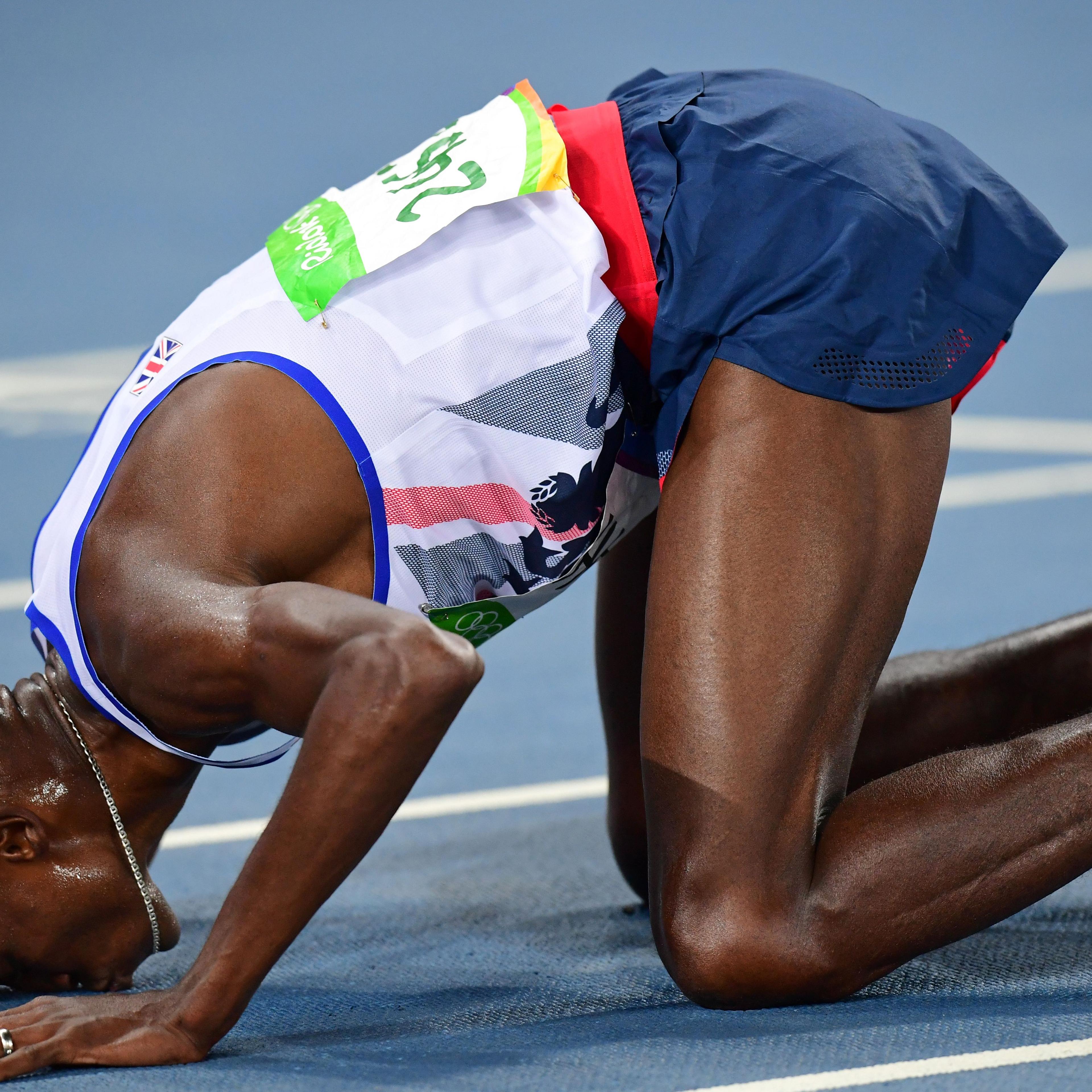 Britain's Mo Farah celebrates winning the Men's 10,000m during the athletics event at the Rio 2016 Olympic Games at the Olympic Stadium in Rio de Janeiro on Aug. 13, 2016.