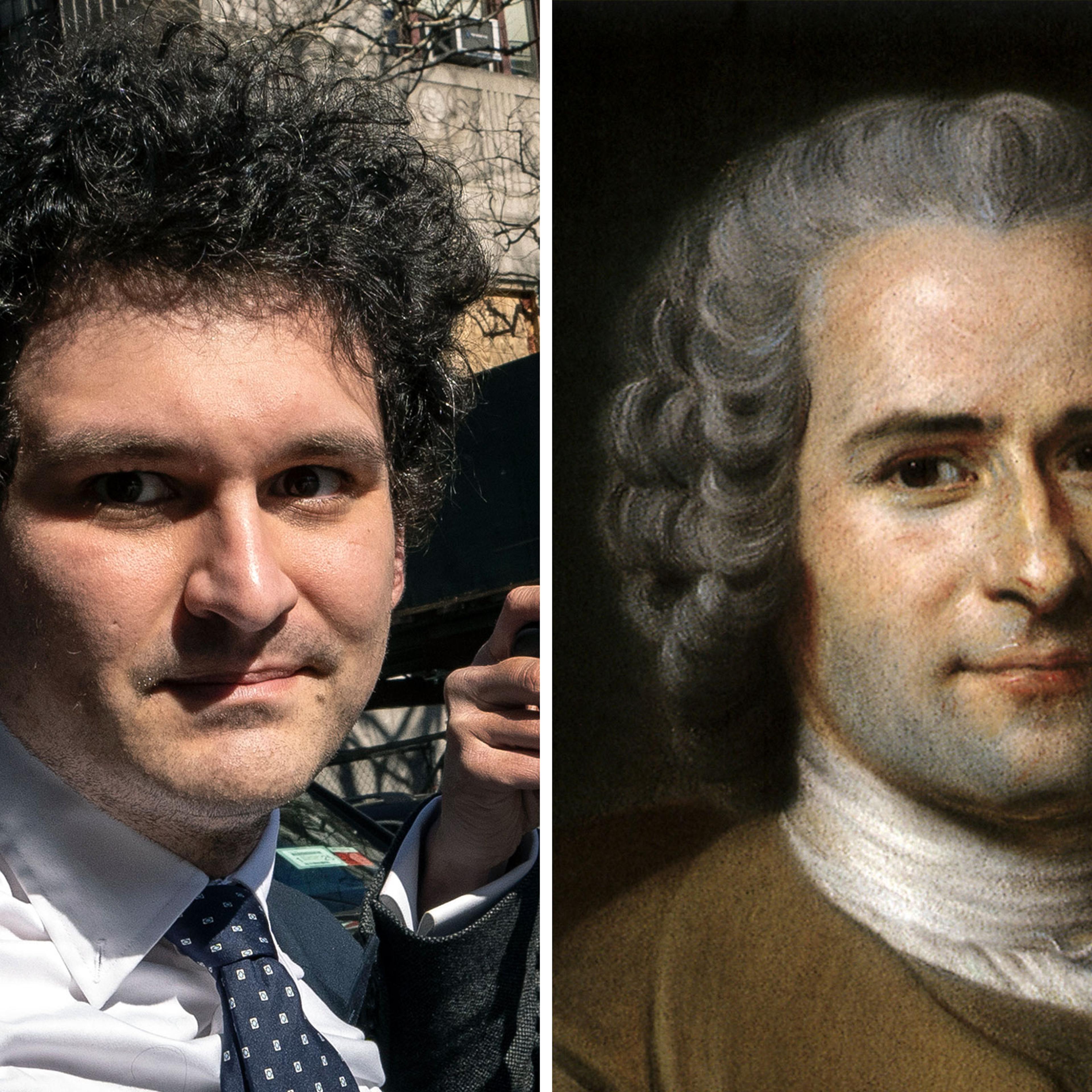 A side by side image of Sam Bankman-Fried and Jean-Jacques Rousseau