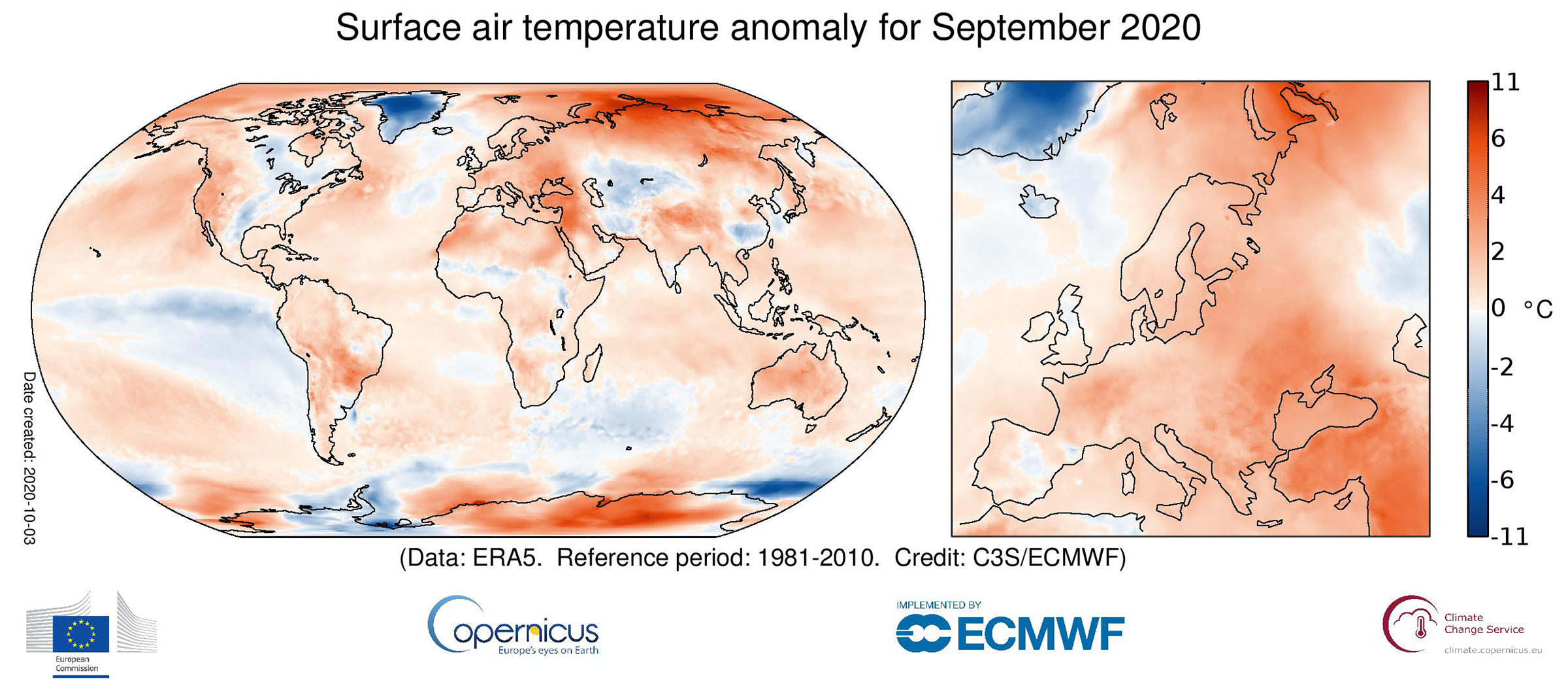 Surface air temperature anomaly for September 2020 relative to the September average for the period 1981-2010. Data source: ERA5.