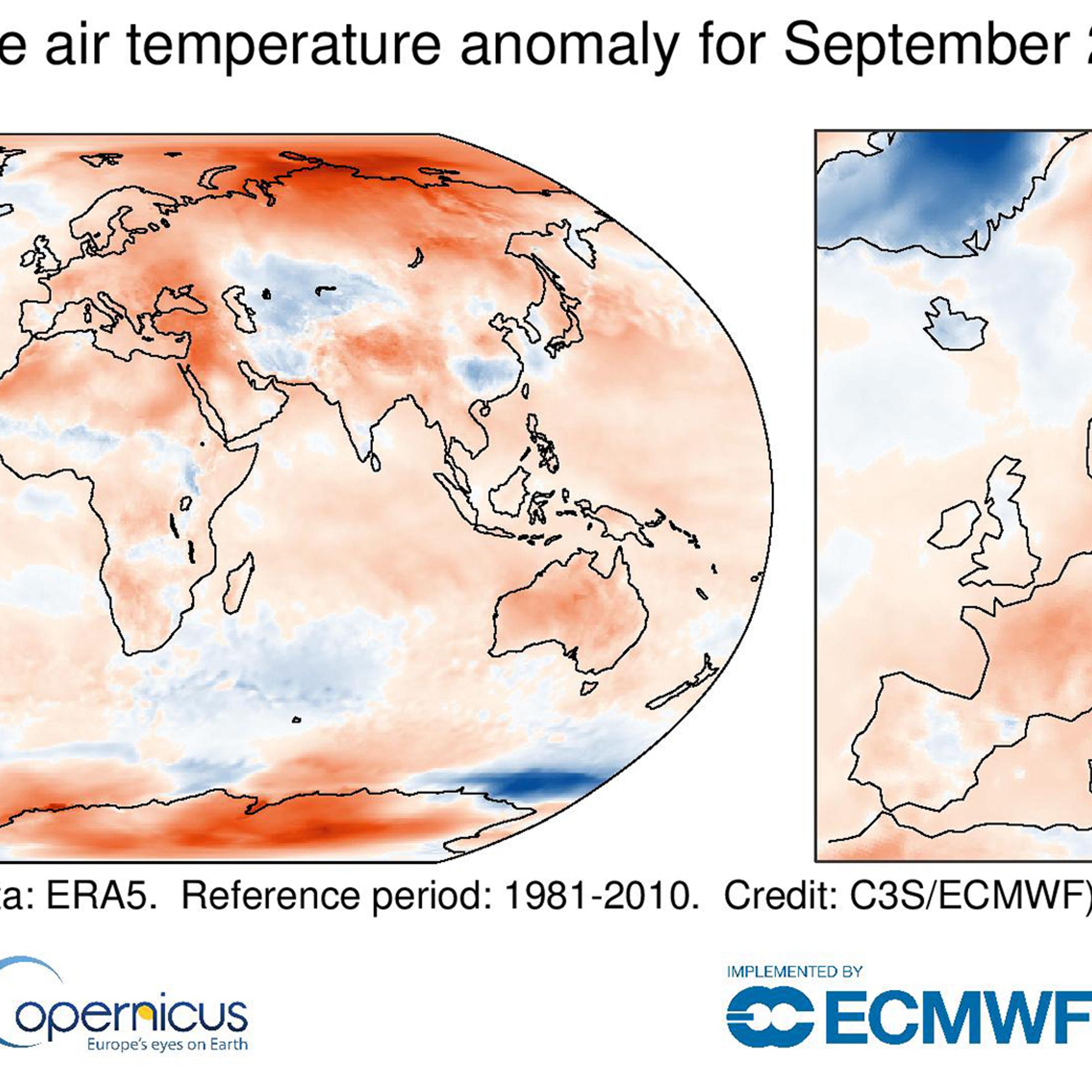 Surface air temperature anomaly for September 2020 relative to the September average for the period 1981-2010. Data source: ERA5.
