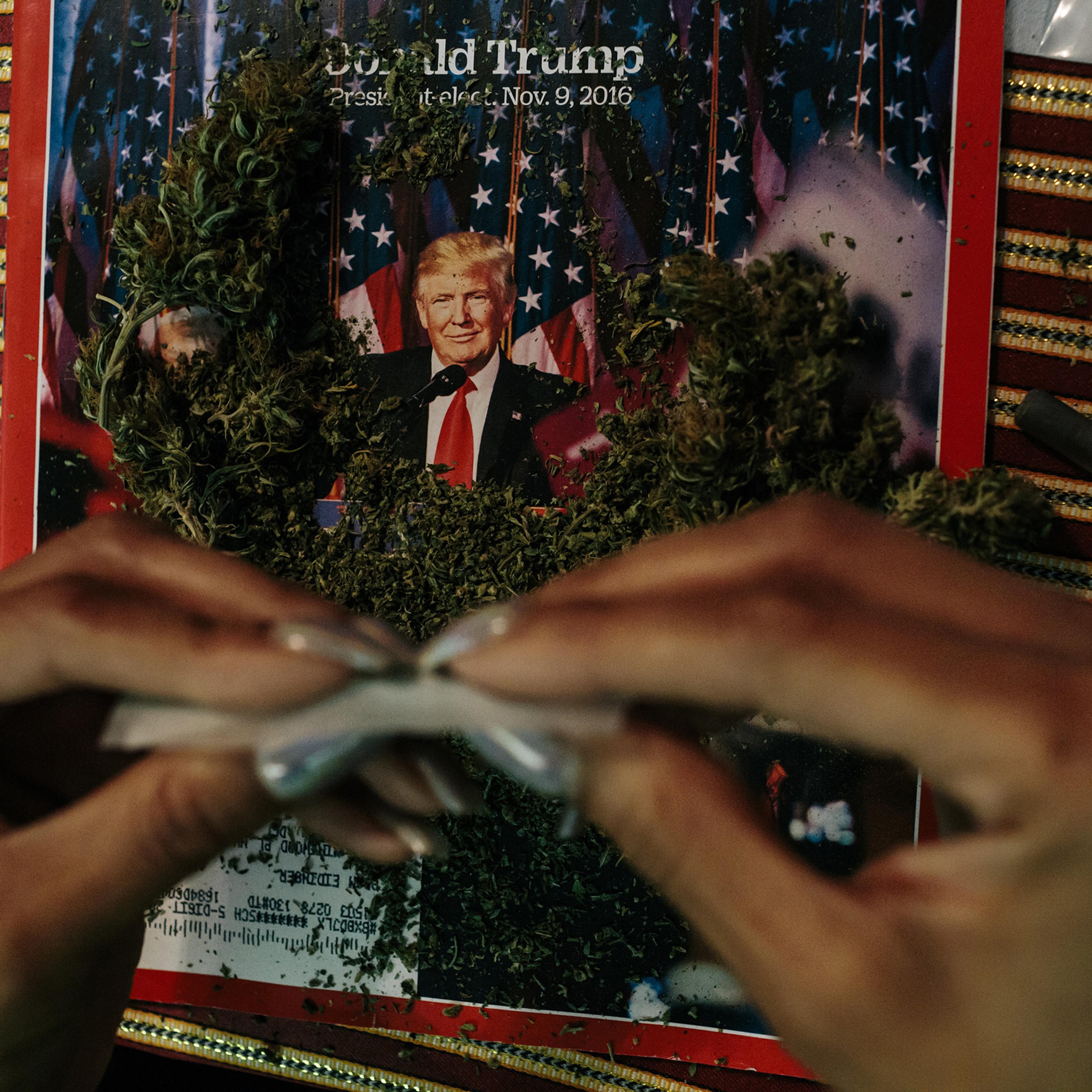 An activist from the cannabis community DCMJ rolls a joint in a Washington, D.C., home on Jan. 16 in preparation for President-Elect Donald Trump’s inauguration. A cofounder of the group said TIME magazines were used after learning a photographer on assi