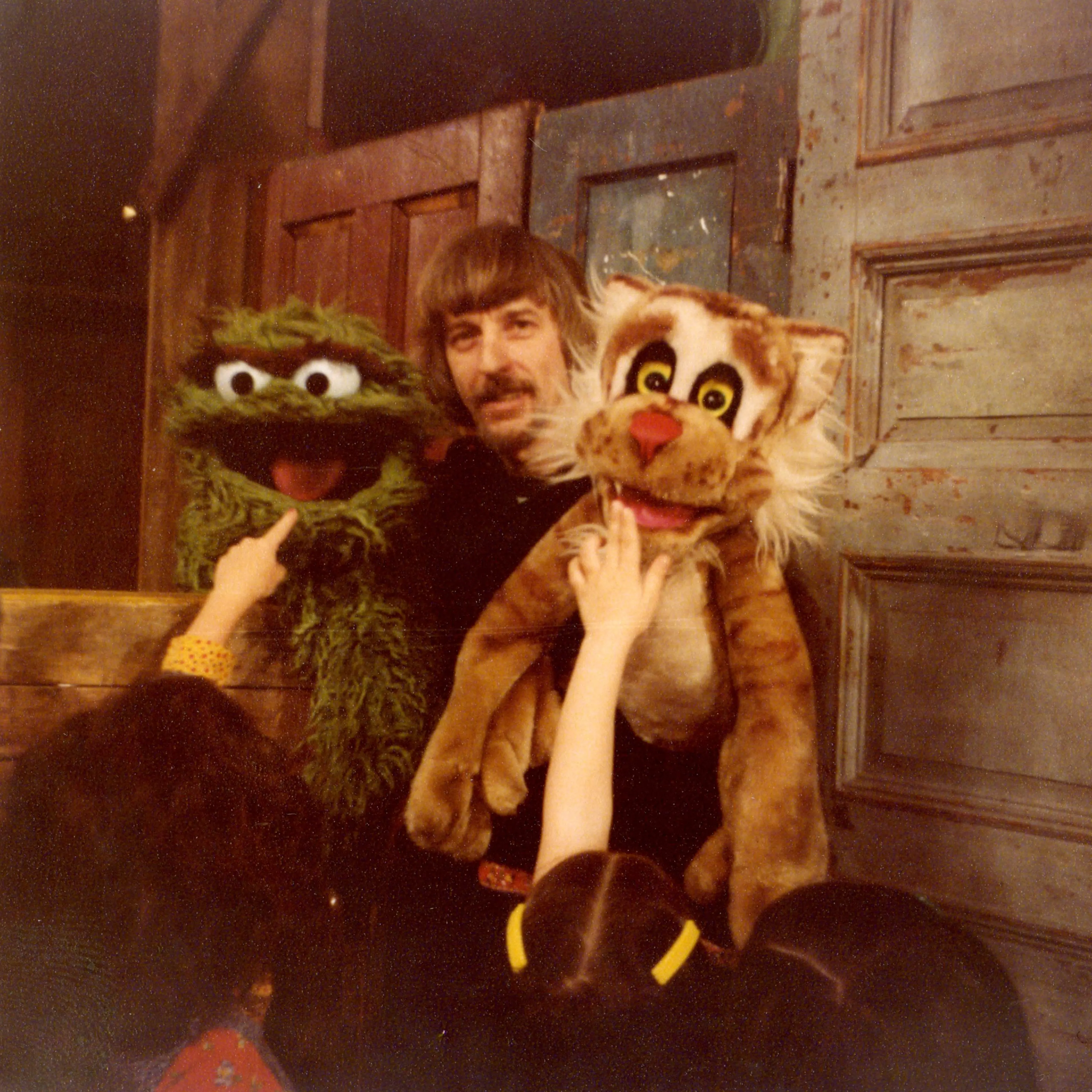 Caroll Spinney with Oscar the Grouch and Picklepuss, one of his first puppet creations.