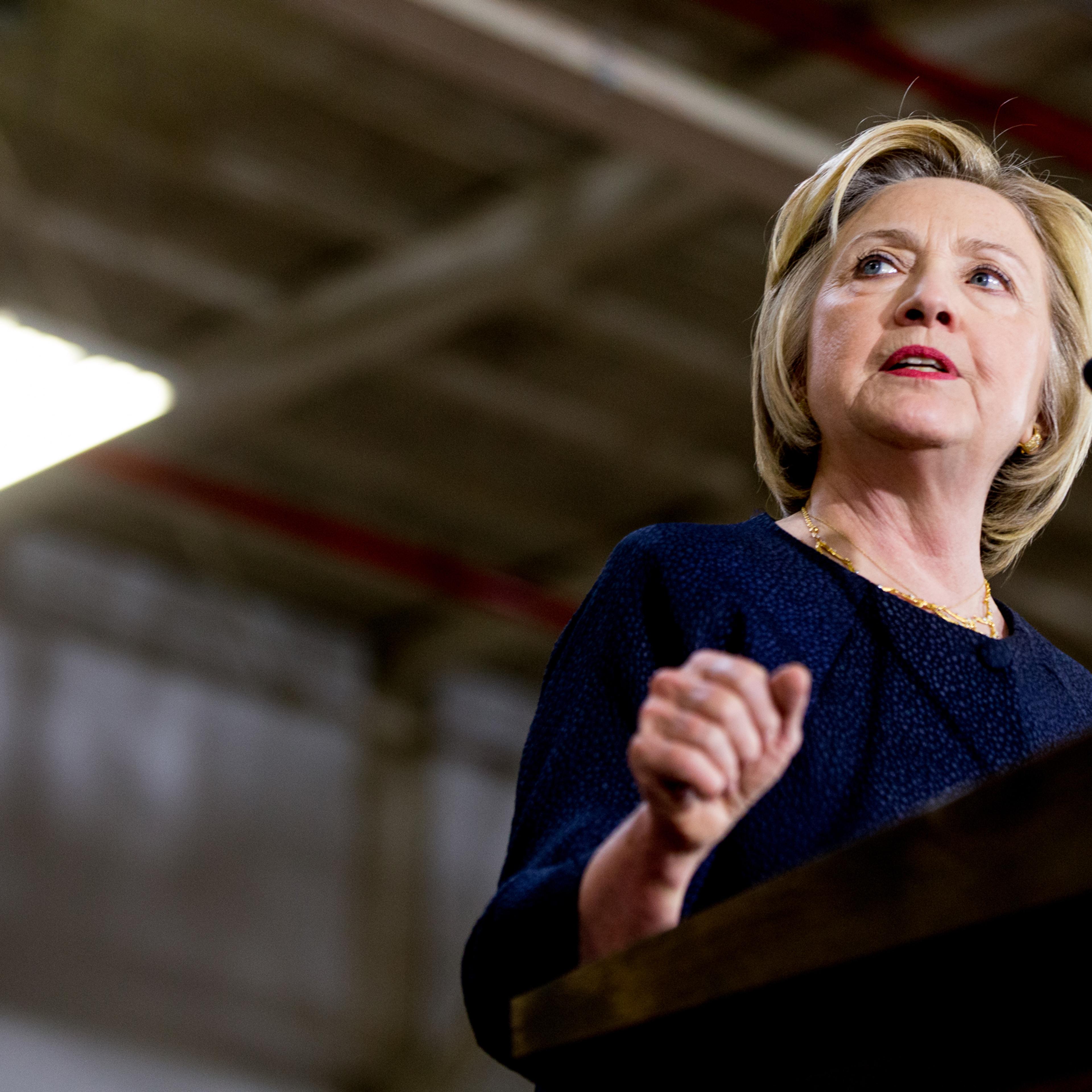 Democratic presidential candidate Hillary Clinton speaks at a rally at a warehouse for the company "Team Wendy" which produces helmets for military, law enforcement, and rescue teams, in Cleveland, Monday, June 13, 2016. (AP Photo/Andrew Harnik)