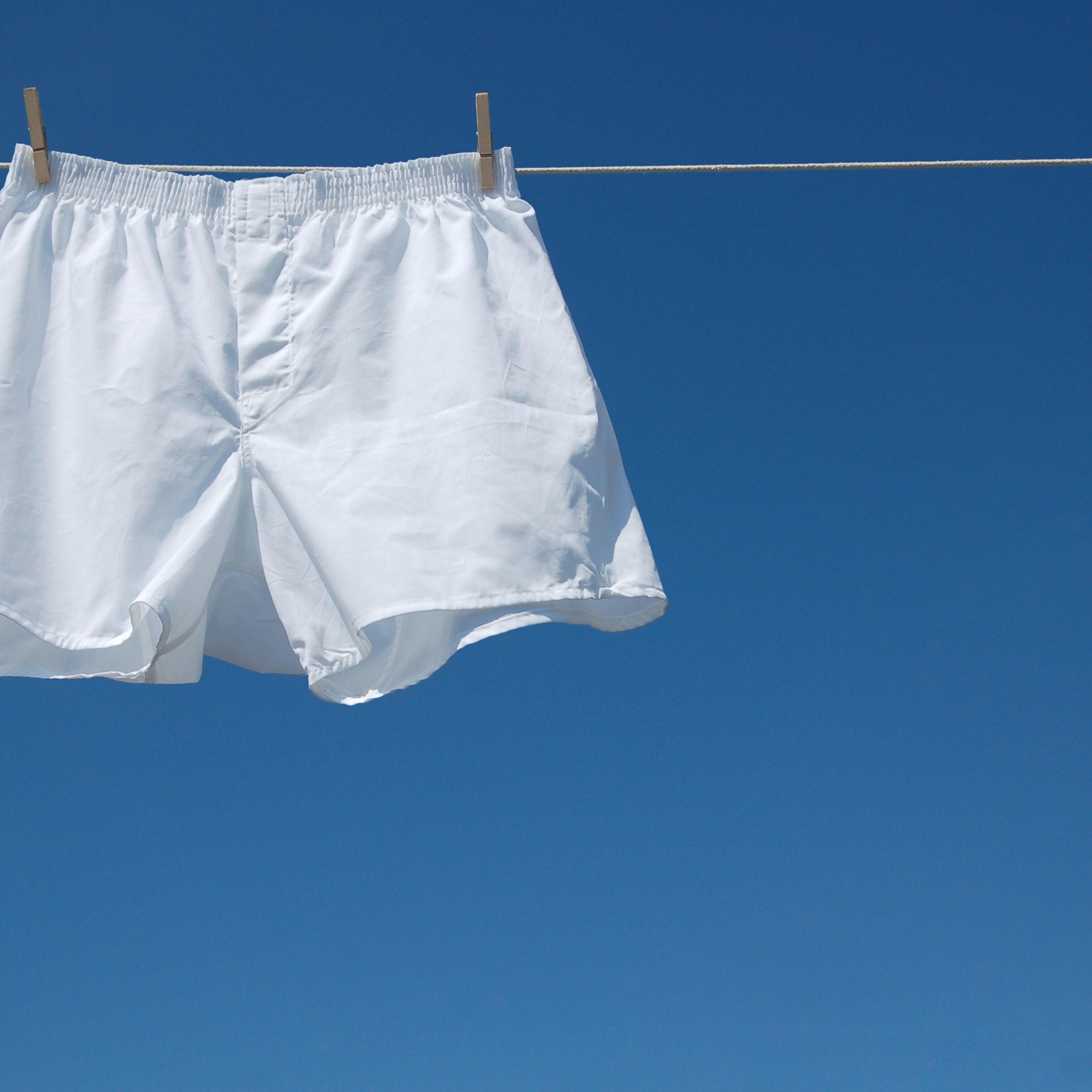 White boxer shorts clipped to clothesline against blue sky