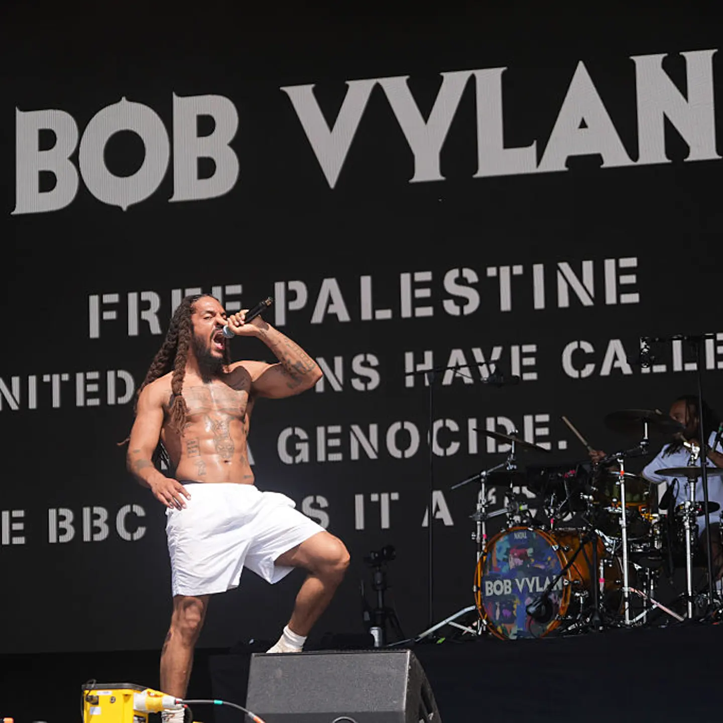 Bob Vylan performing on the West Holts stage during the Glastonbury Festival at Worthy Farm in Somerset on June 28, 2025.