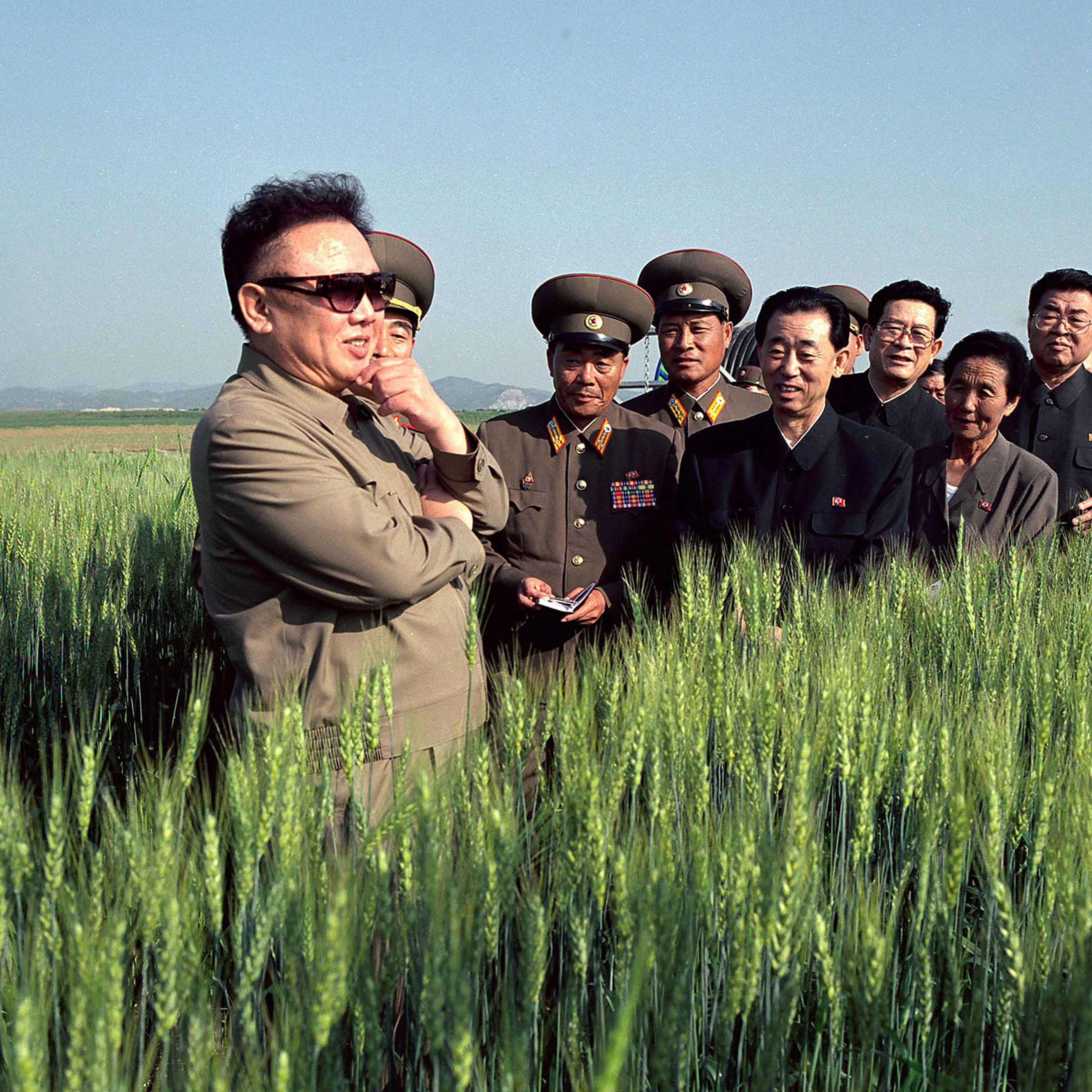 A propaganda picture of North Korea's reclusive leader Kim Jong-Il posed in a field of grain with a group of cadres in Pyongyang, Nov. 17, 2004.