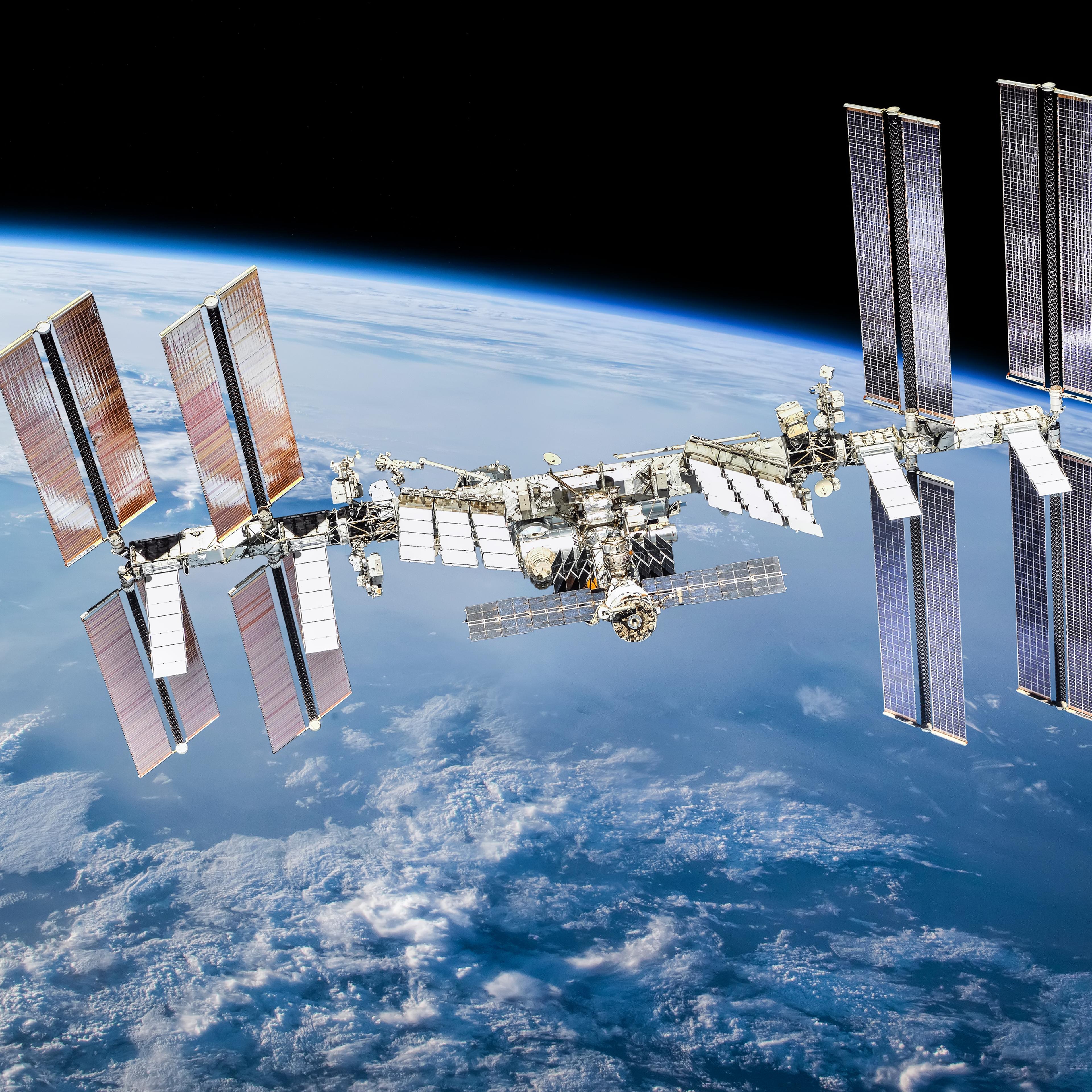 ISS station on orbit of the Earth planet. Elements of this image furnished by NASA