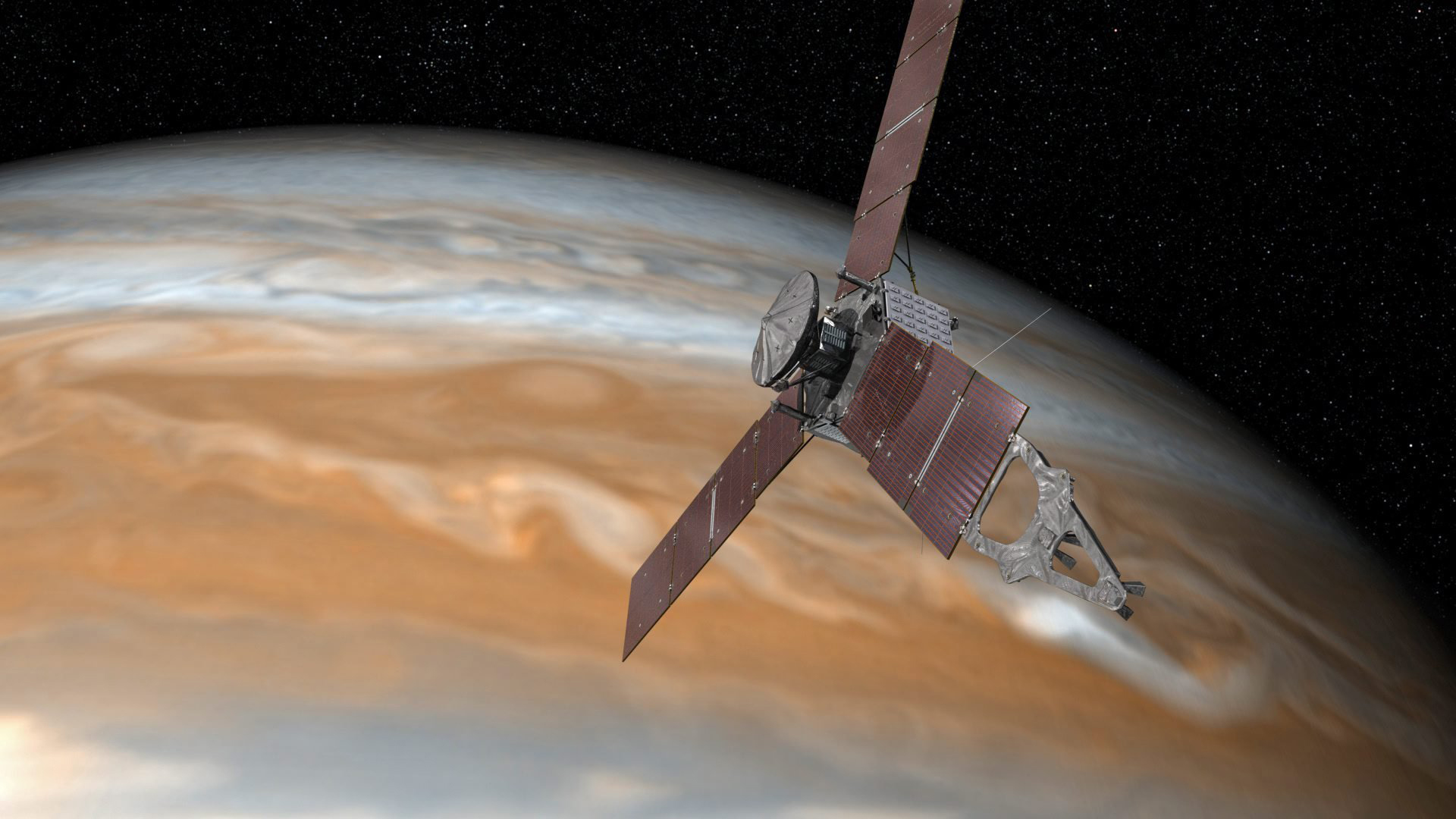 An artist's rendering of NASA's Juno spacecraft making one of its close passes over Jupiter.