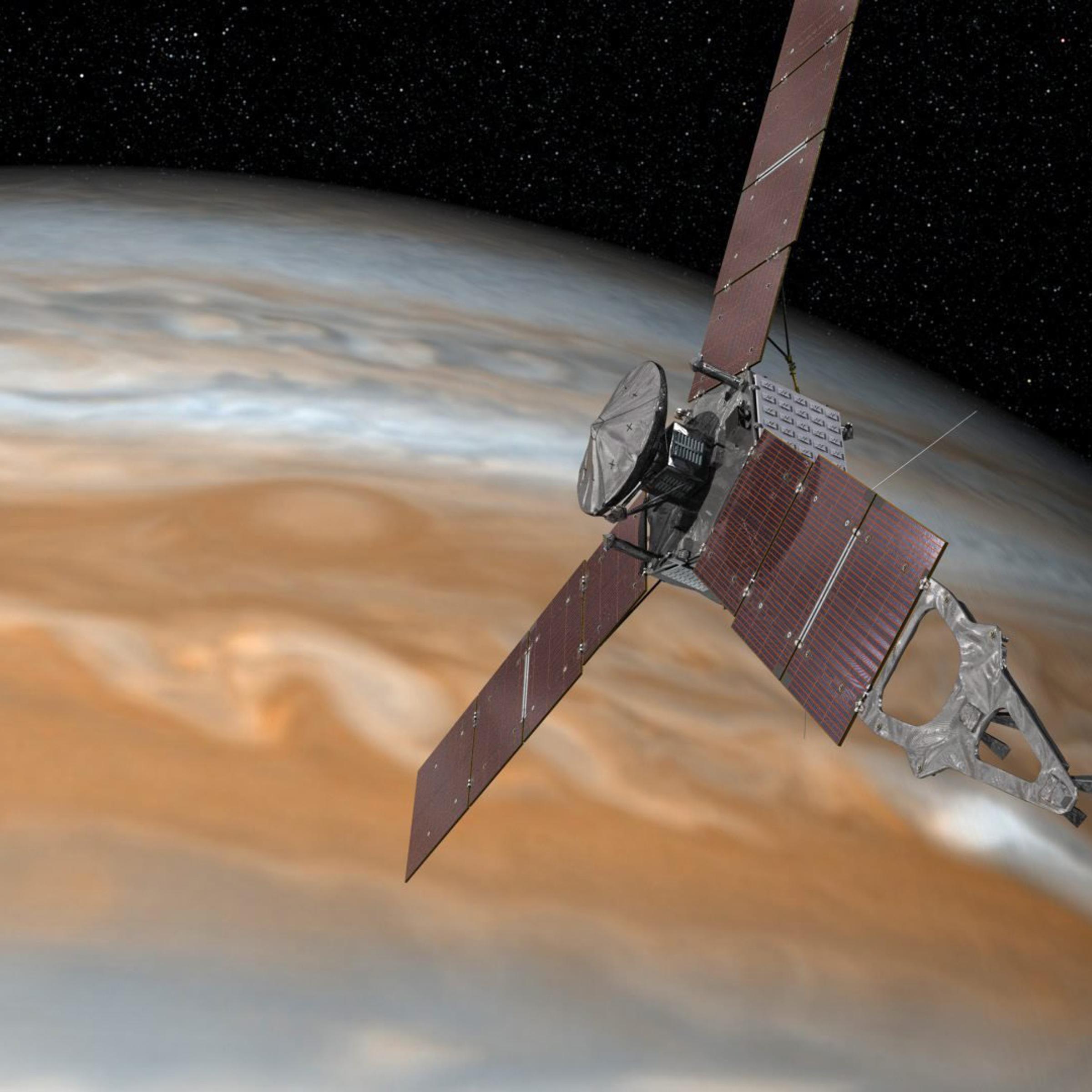 An artist's rendering of NASA's Juno spacecraft making one of its close passes over Jupiter.