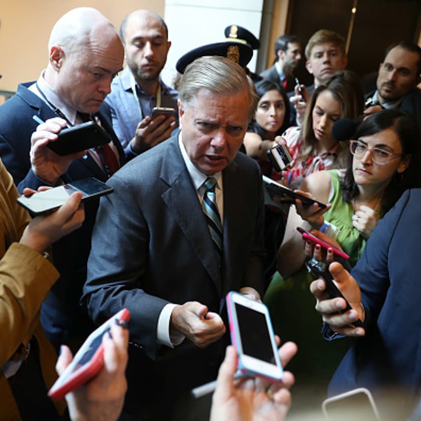 Senator Lindsey Graham speaks to members of the media while arriving at the Office of Senate Security on Capitol Hill in Washington, D.C., U.S., on Thursday, Oct. 4, 2018.