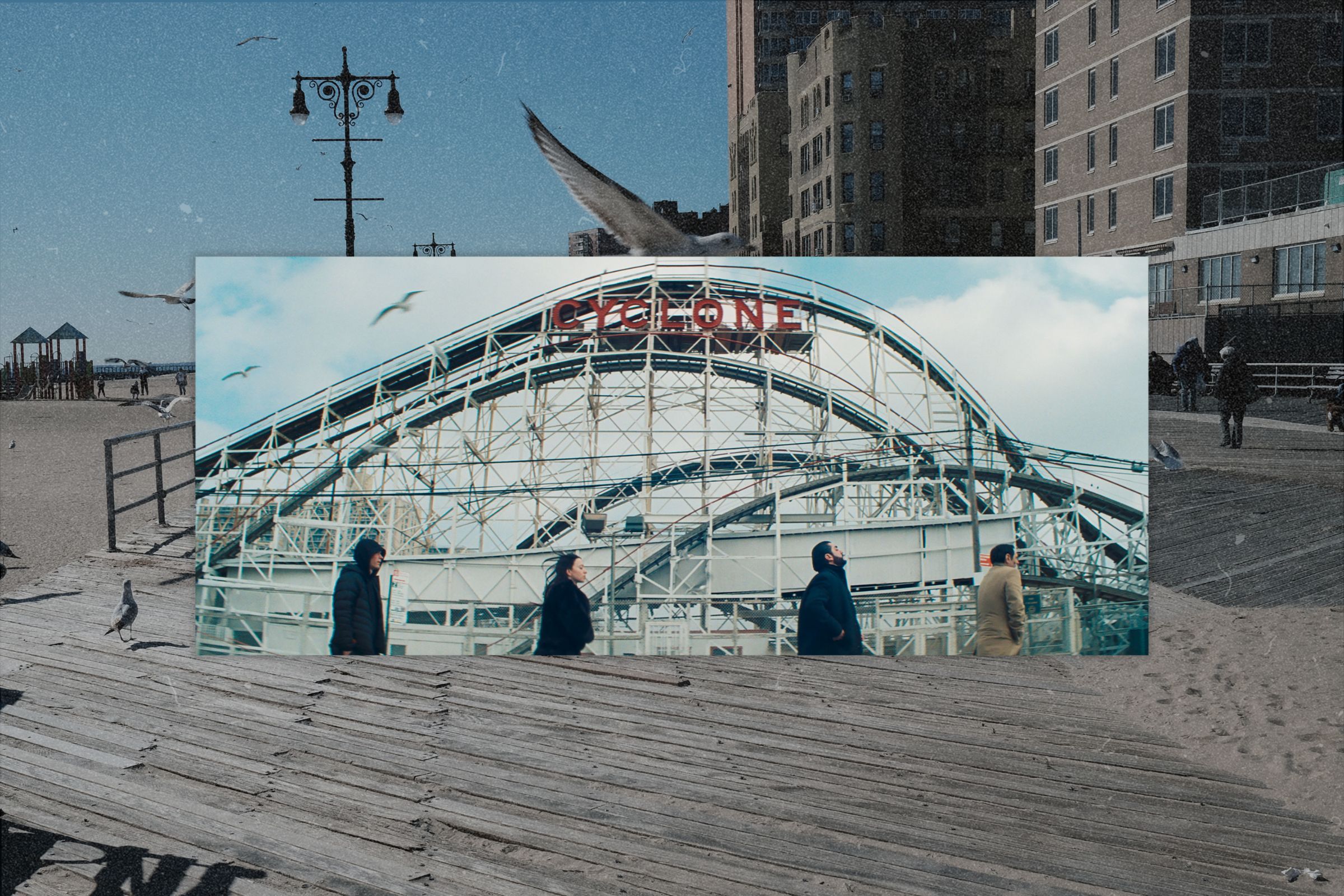 Background: People walk along the boardwalk in the Brighton Beach neighborhood in Feb. 2022; A still from the film Anora