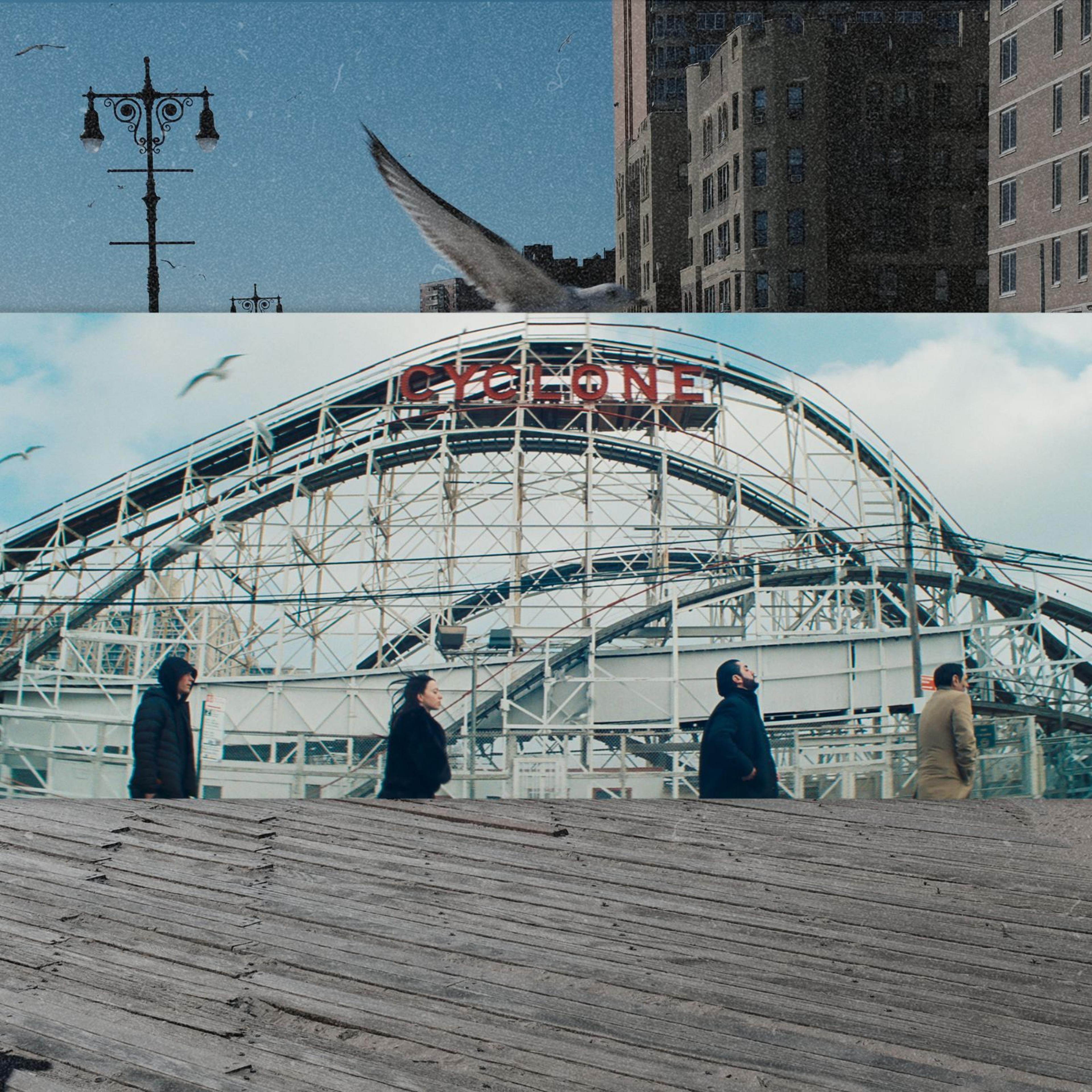 Background: People walk along the boardwalk in the Brighton Beach neighborhood in Feb. 2022; A still from the film Anora