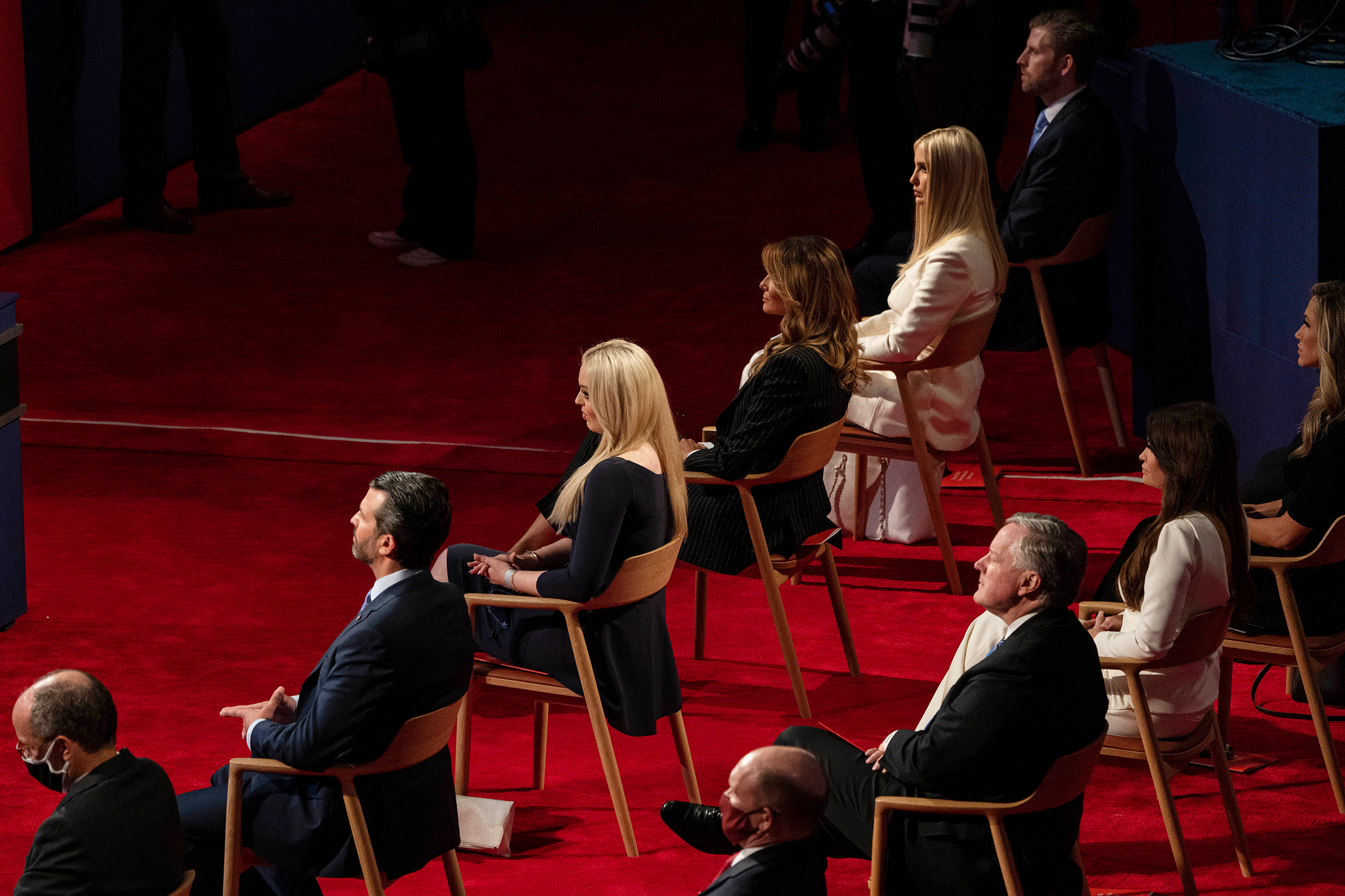 President Trump's four grown children and First Lady Melania Trump, all without masks, at the first presidential debate between Trump and his Democratic challenger Joe Biden at Case Western Reserve University in Cleveland on Sept. 29, 2020.