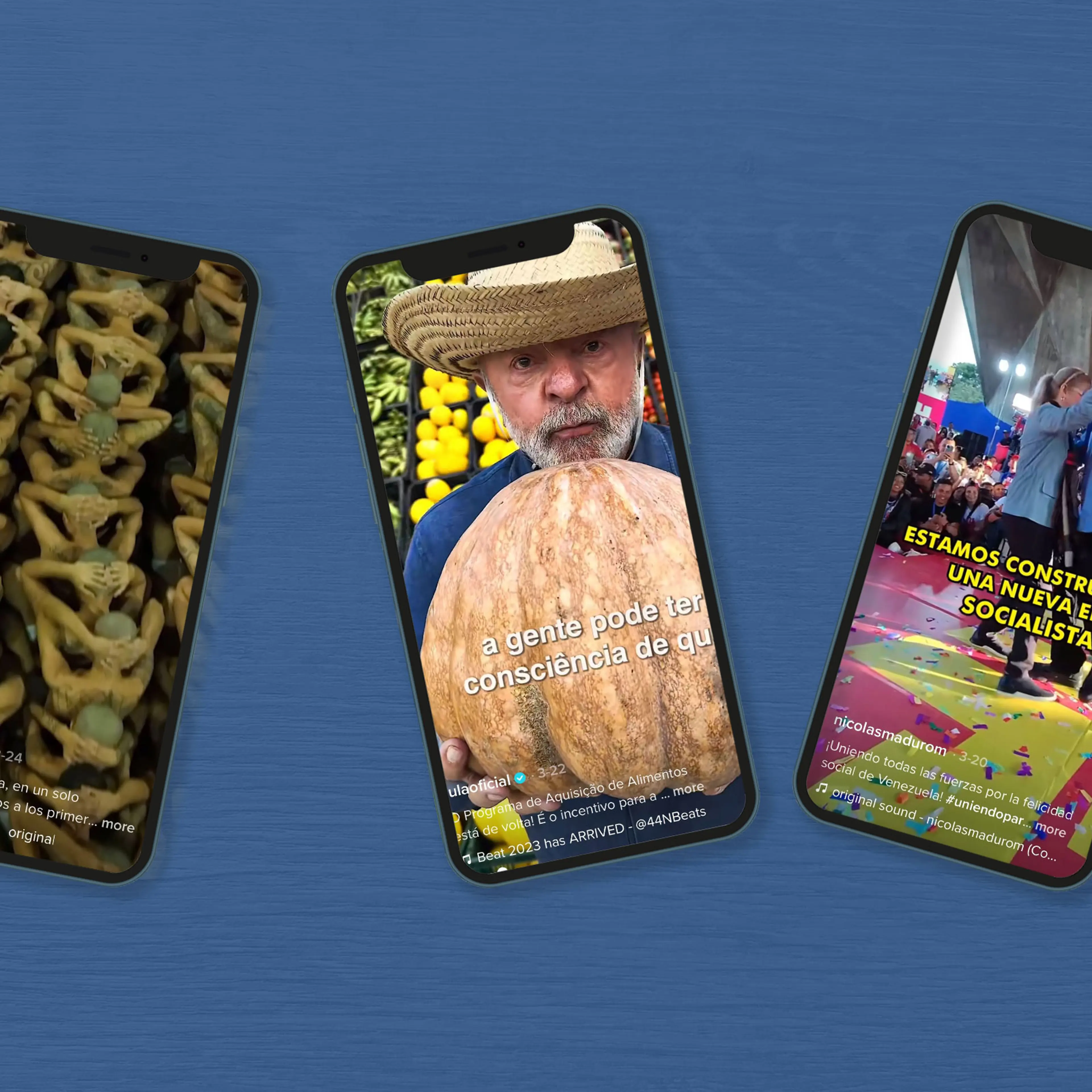 Screenshots of videos posted On TikTok in March by President Nayib Bukele of El Salvador, President Luiz Inácio Lula da Silva of Brazil, and President Nicolas Maduro of Venezuela